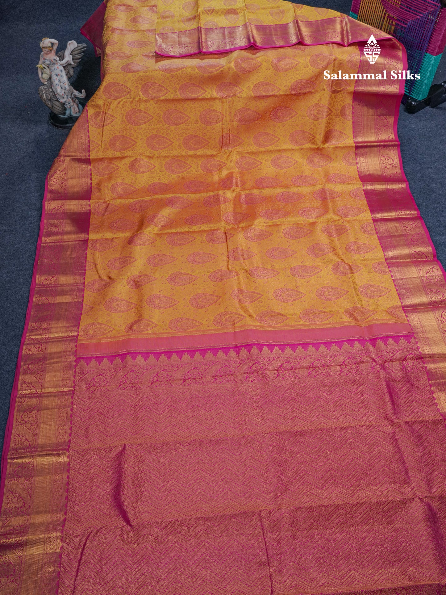 Yellow Meenakari Work Grand Bridal Pure Kanjivaram Silk Saree With Pink Border