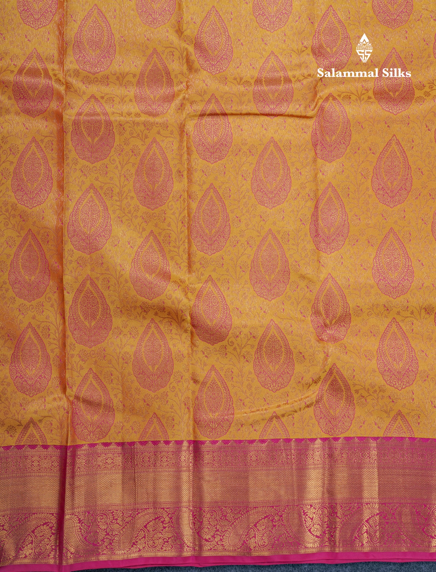 Yellow Meenakari Work Grand Bridal Pure Kanjivaram Silk Saree With Pink Border