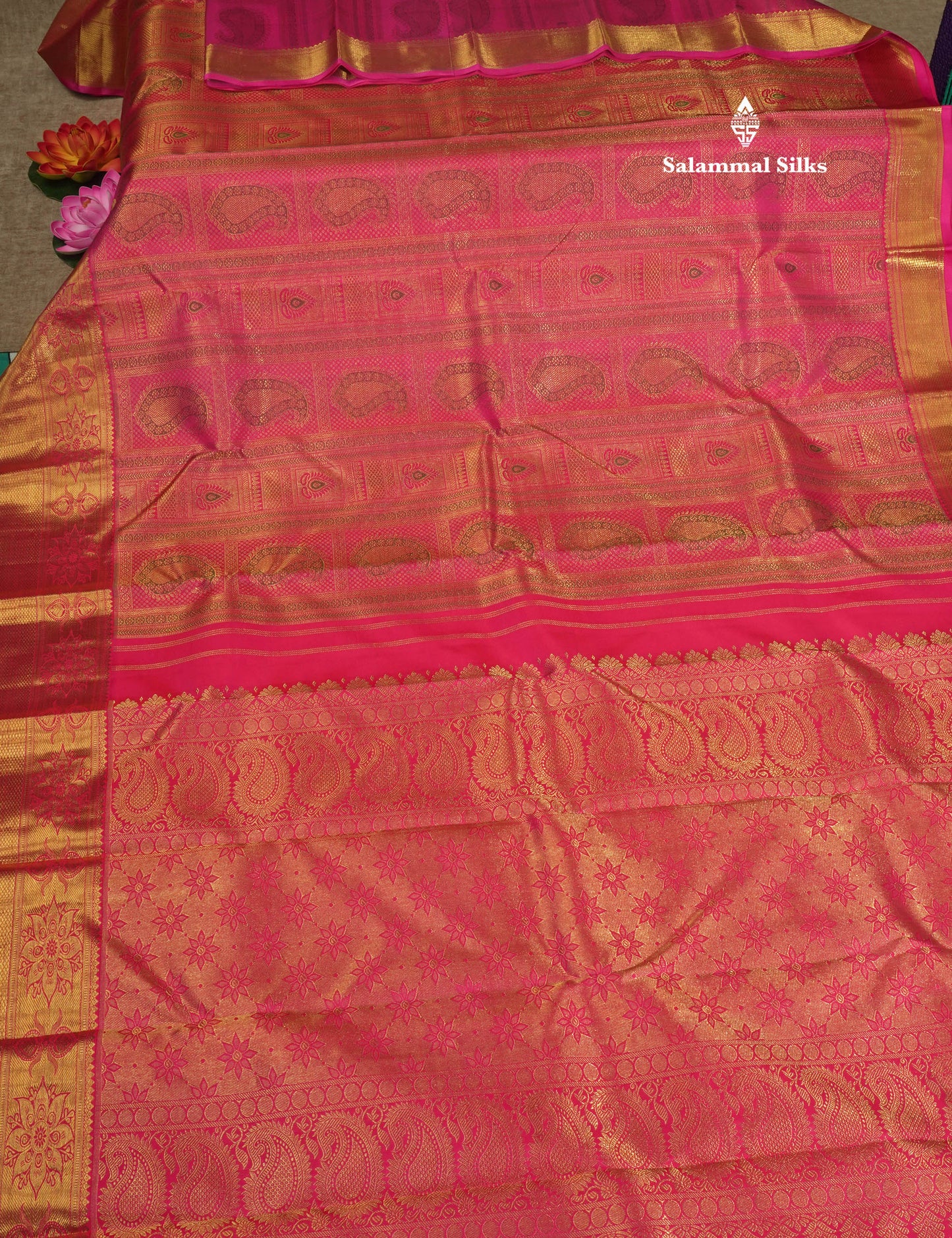 Meenakari work Pink Pure Kanjivaram Silk Saree (2G) Zari With Gold Zari Border