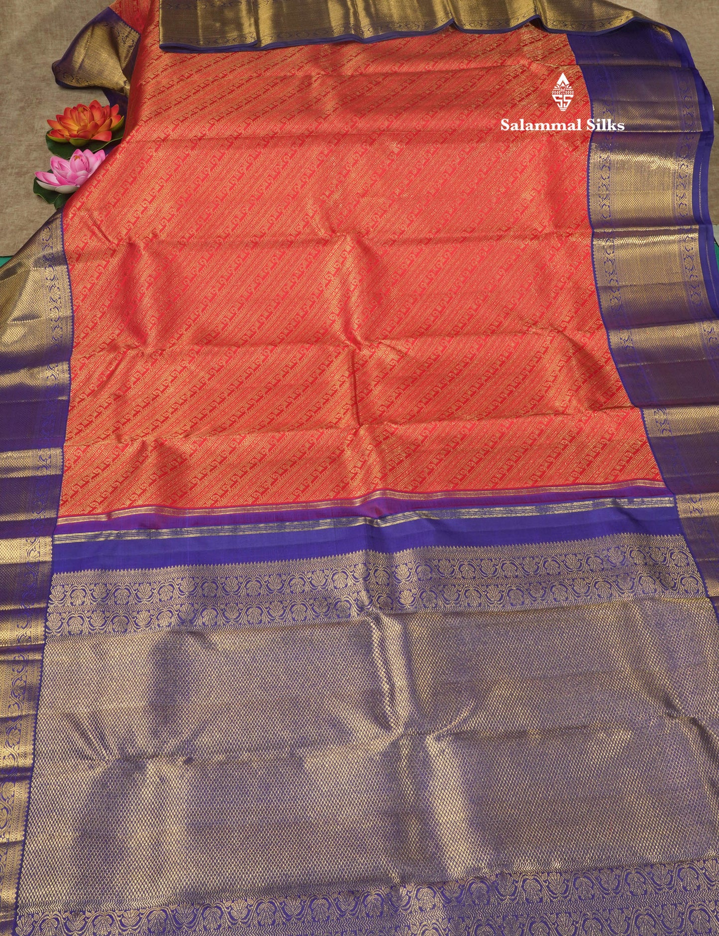 Tomato Red Pure Kanjivaram Silk Saree (2G) Zari With Contrast Navy Blue Border