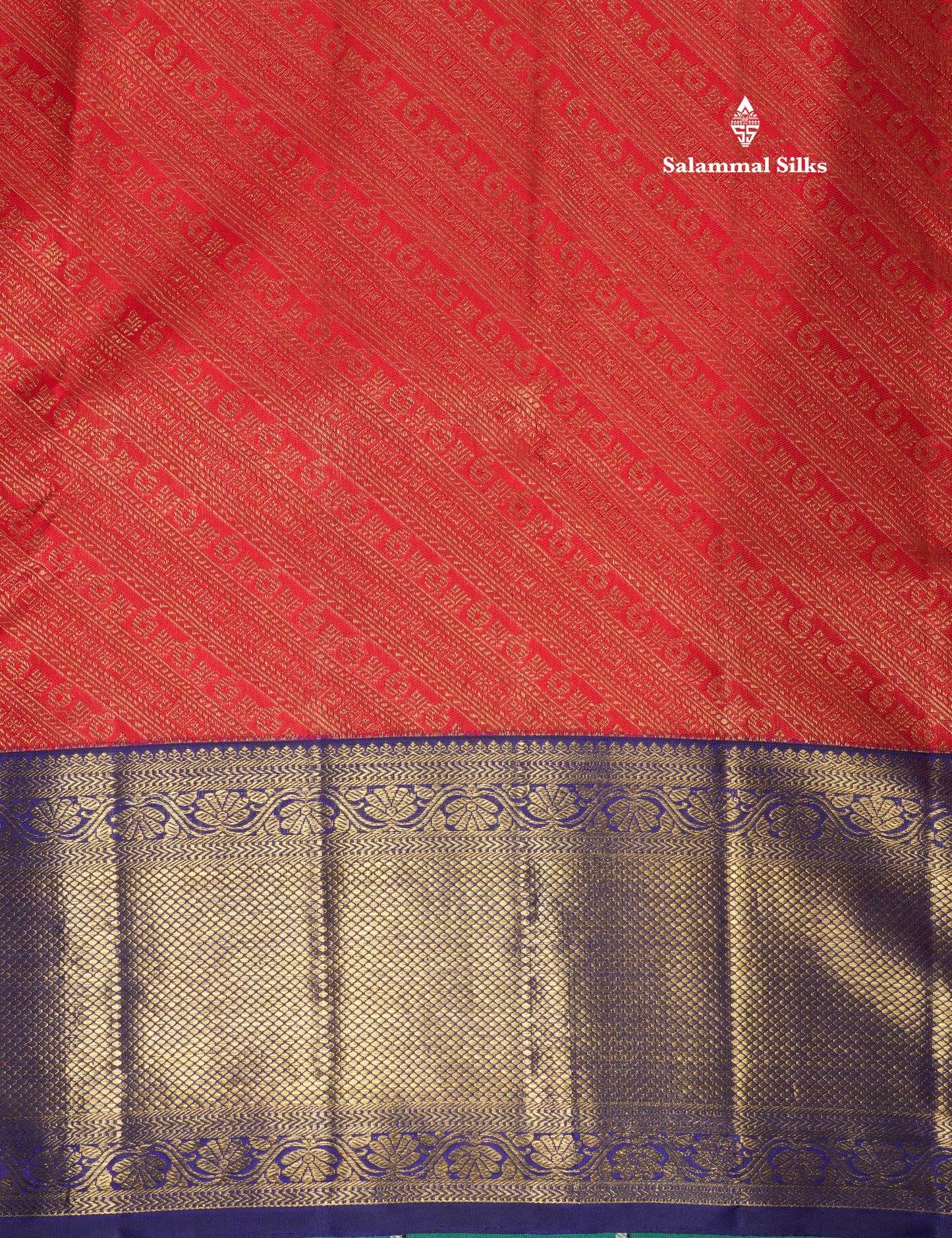 Tomato Red Pure Kanjivaram Silk Saree (2G) Zari With Contrast Navy Blue Border