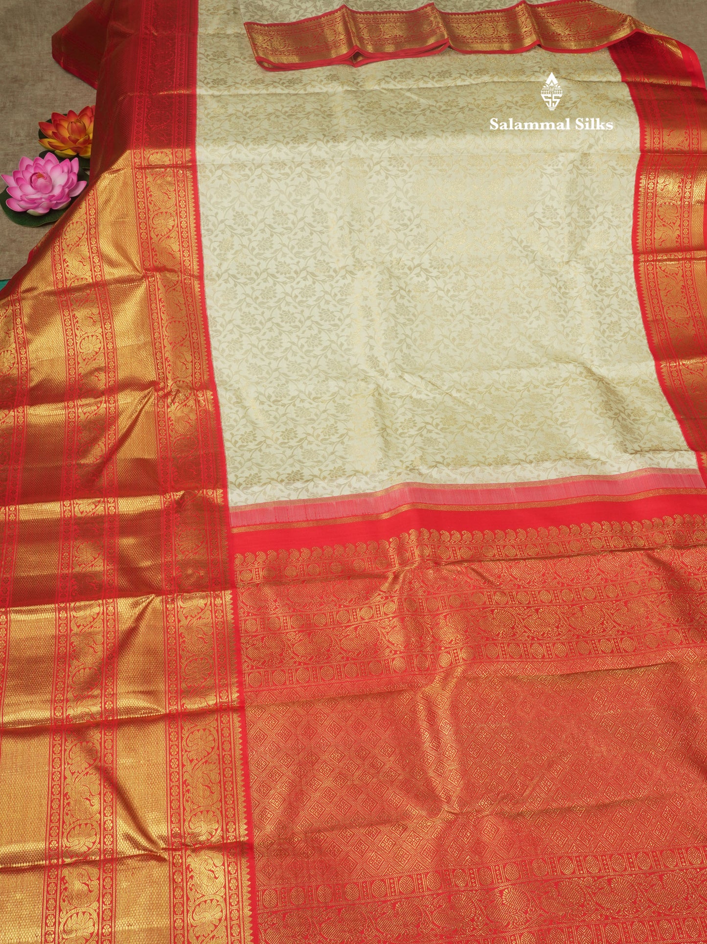 Bridal Korvai White Pure Kanjivaram Silk Saree (2G) Zari With Contrast Long Chilly Red Traditional Border