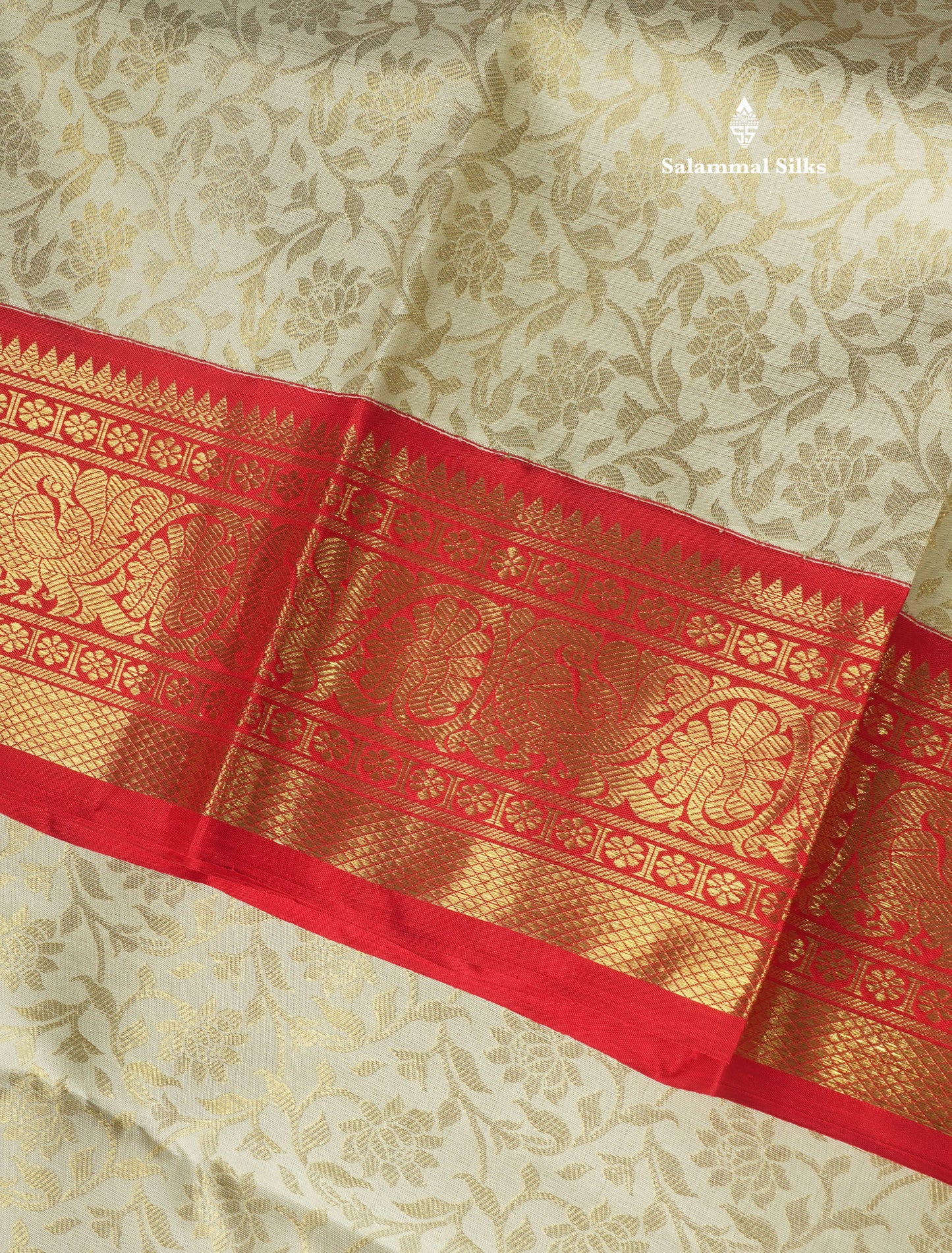 Bridal Korvai White Pure Kanjivaram Silk Saree (2G) Zari With Contrast Long Chilly Red Traditional Border