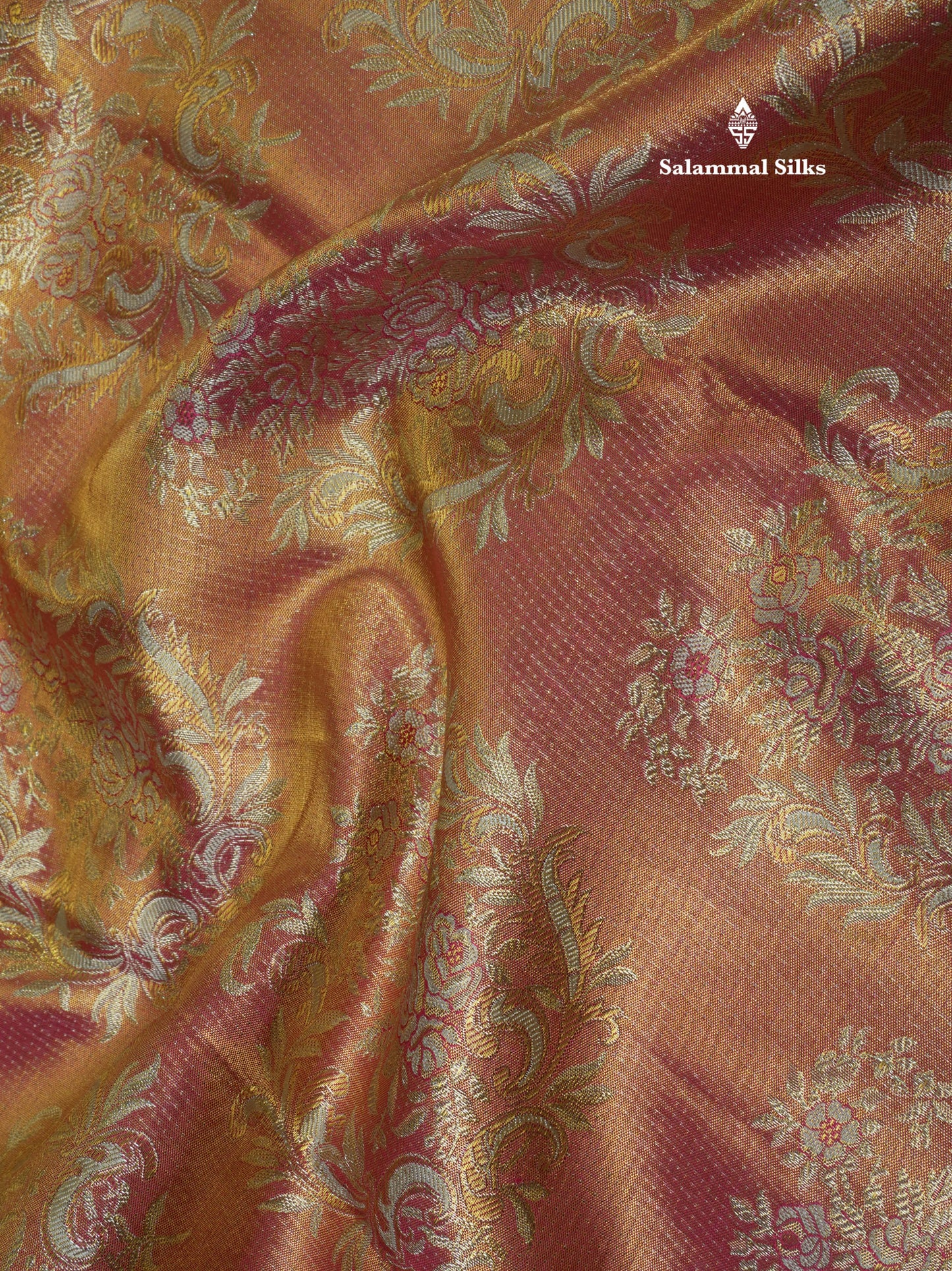Dual Tone Pinkish Orange Tissue Bridal Pure Kanjivaram Silk Saree With Contrast Half White Border