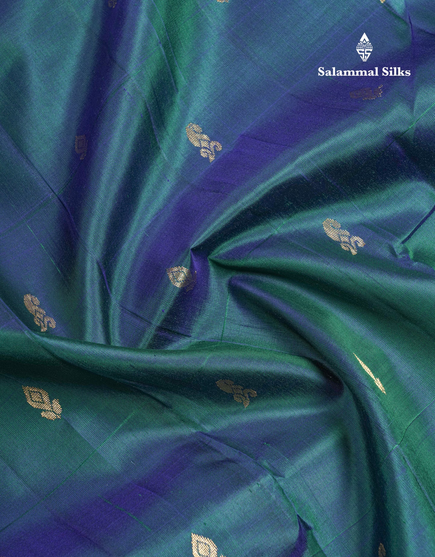 Dual Tone Peacock Green Pure Kanjivaram Silk Saree With Blue One Side Border