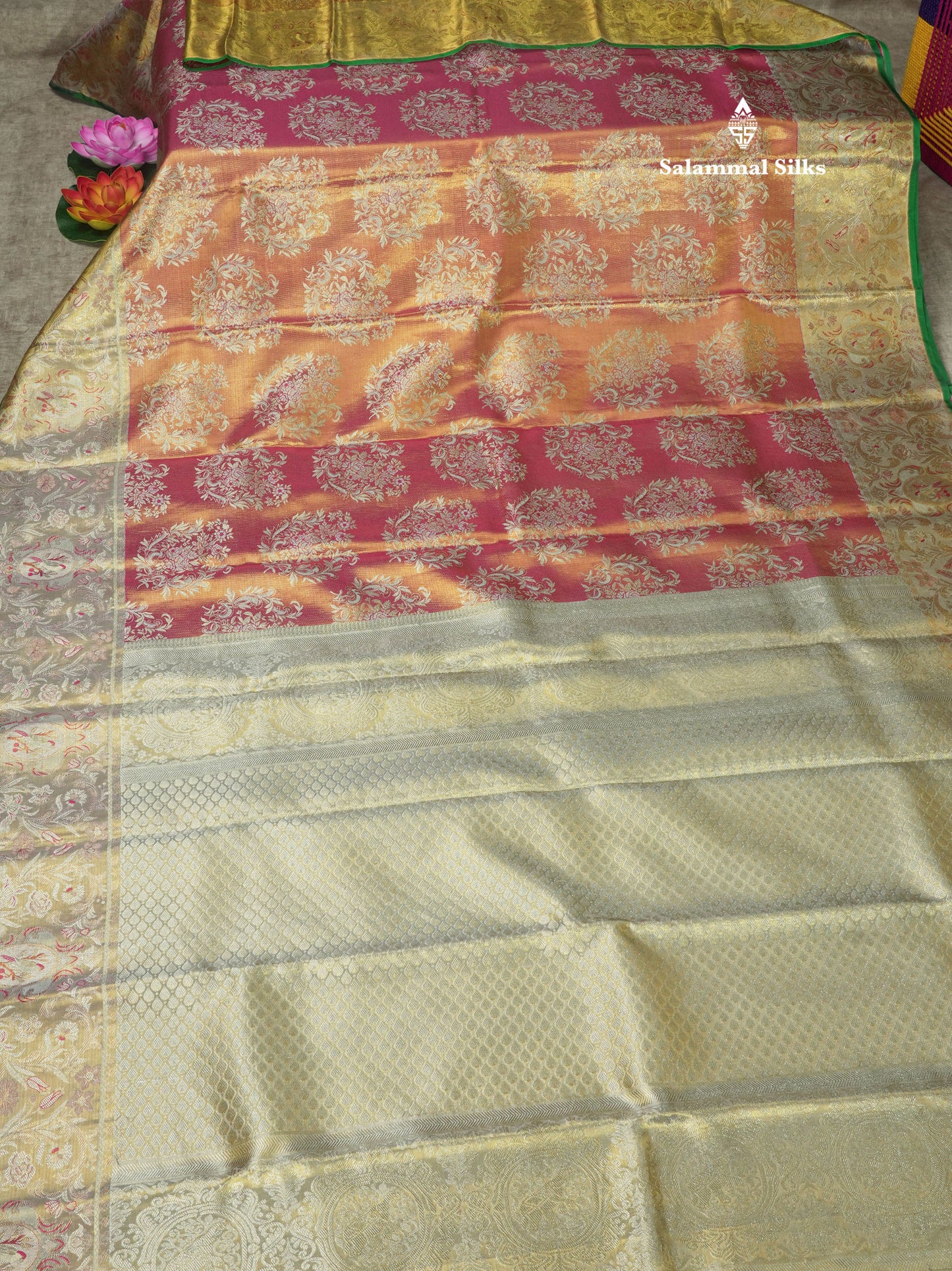 Dual Tone Pinkish Orange Tissue Bridal Pure Kanjivaram Silk Saree With Contrast Half White Border