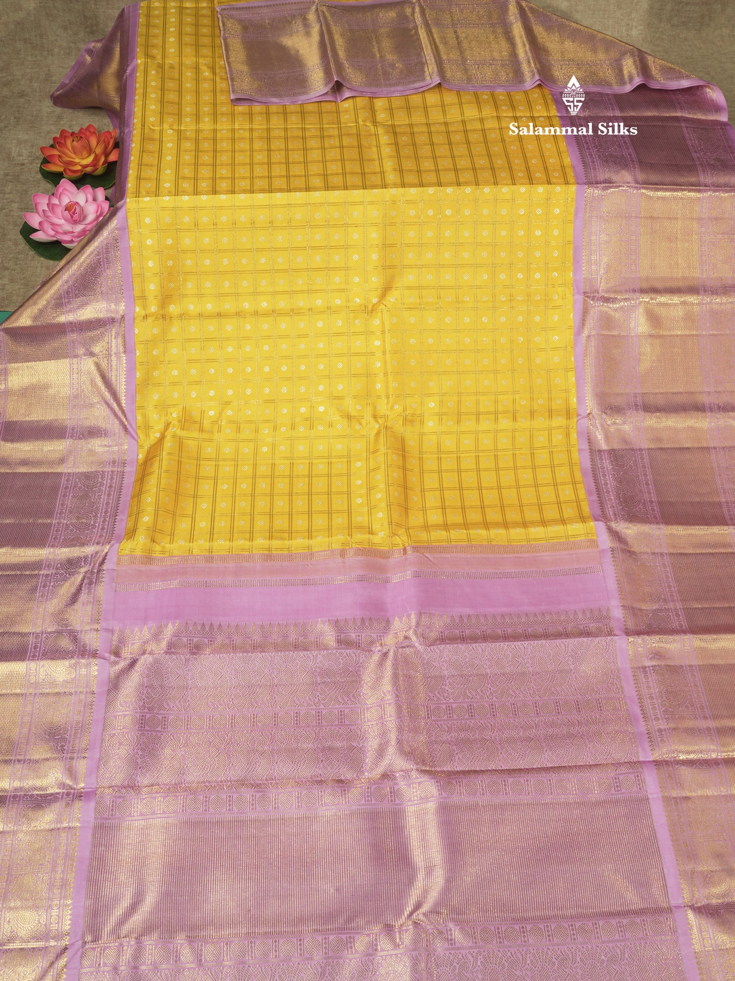 Korvai Yellow Zari Checks Pure Kanjivaram Silk Saree (2G) Zari With Contrast Lavender Long Traditional Border