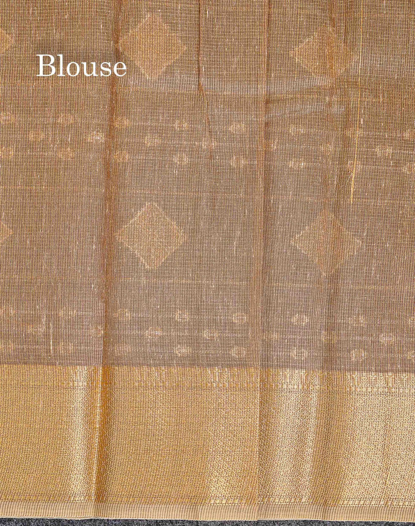 Linen Cotton Mix Saree - Brown Gold & Silver Zari Lines Along With Traditional Border