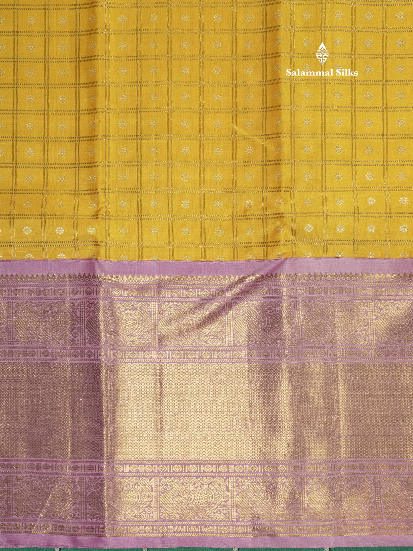 Korvai Yellow Zari Checks Pure Kanjivaram Silk Saree (2G) Zari With Contrast Lavender Long Traditional Border