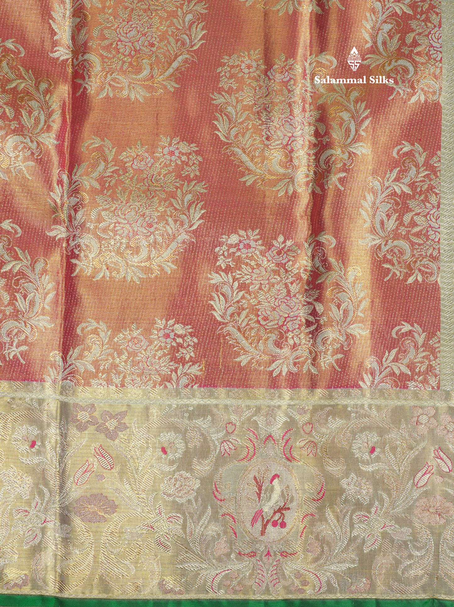 Dual Tone Pinkish Orange Tissue Bridal Pure Kanjivaram Silk Saree With Contrast Half White Border