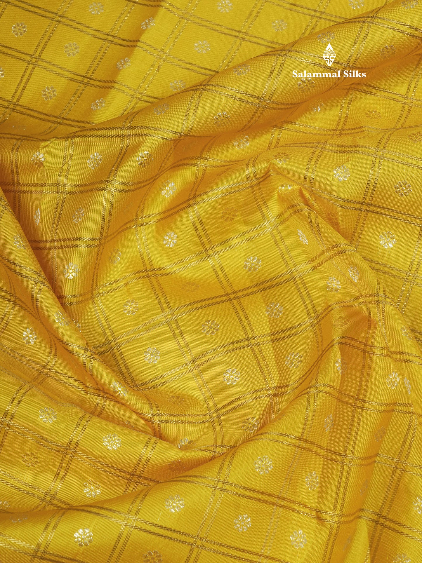 Korvai Yellow Zari Checks Pure Kanjivaram Silk Saree (2G) Zari With Contrast Lavender Long Traditional Border