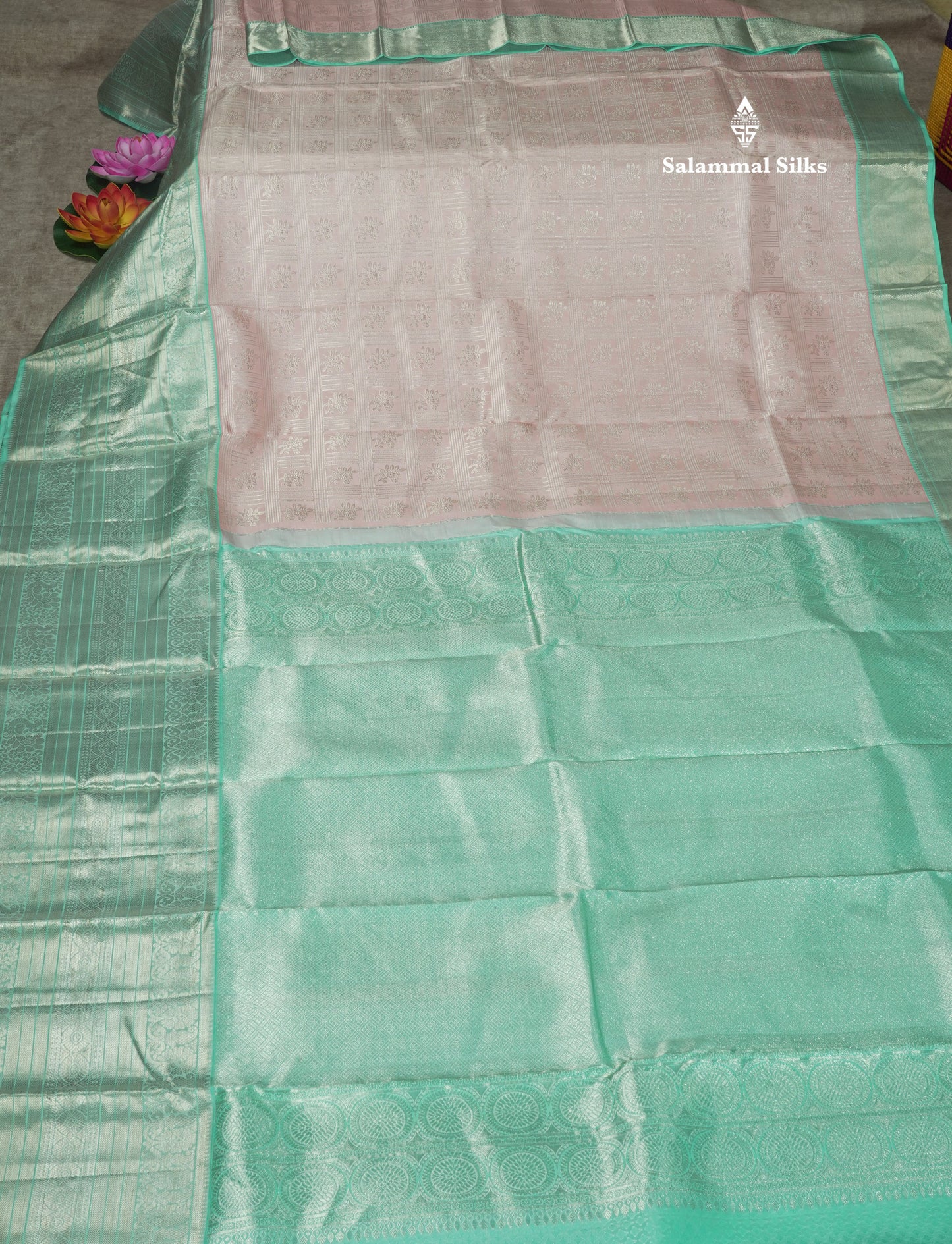 Onion Pink Pure Kanjivaram Silk Saree (2G) Zari With Contrast Rama Green Border