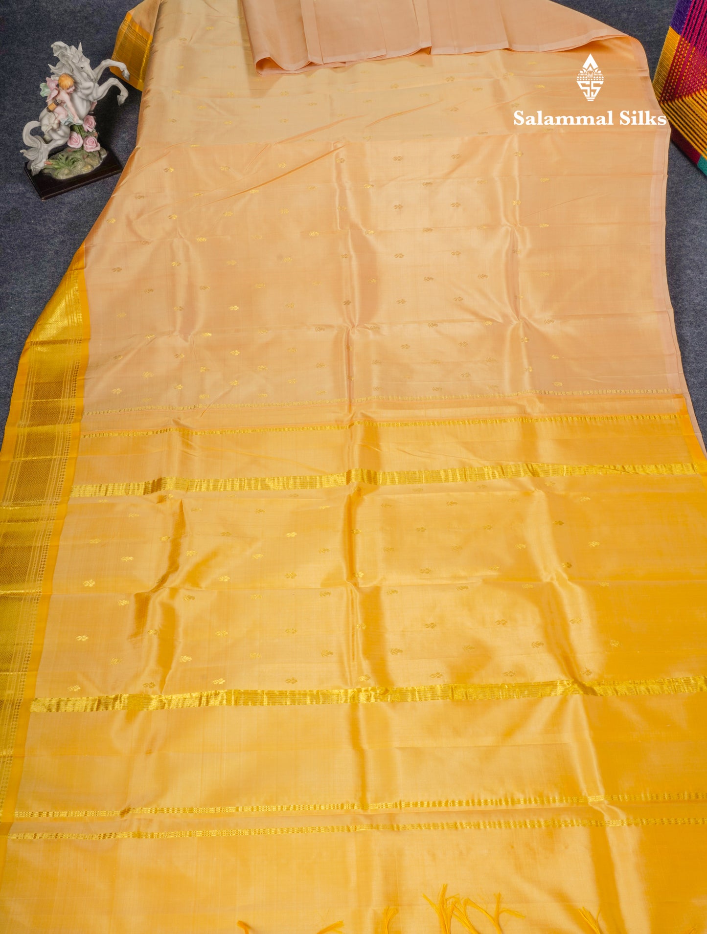 Beige Pure Kanjivaram Silk Saree With Contrast Yellow One Side Border