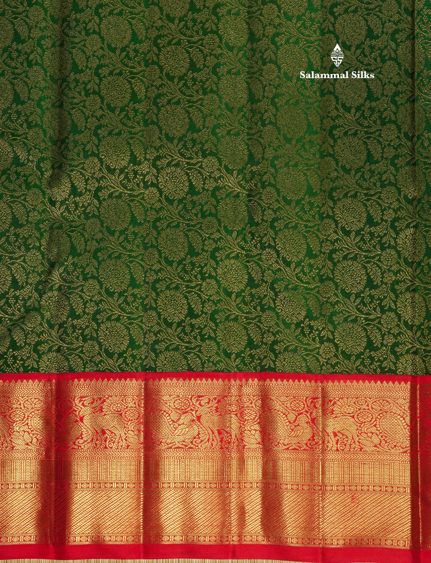 Beautiful Korvai Bottle Green Pure Kanjivaram Silk Saree (2G) Zari With Contrast Chilly Red Border