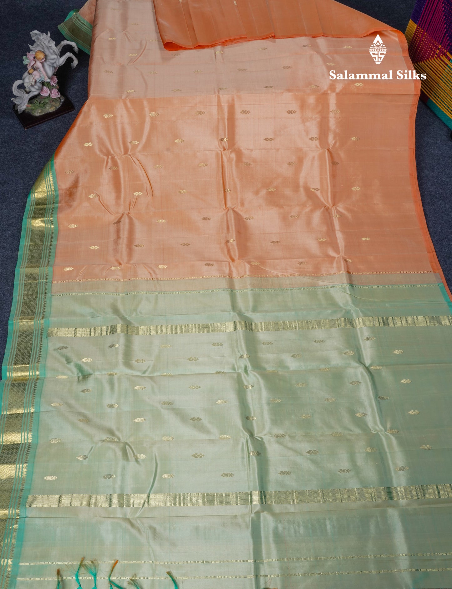 Peach Pure Kanjivaram Silk Saree With Contrast Rexona One Side Border