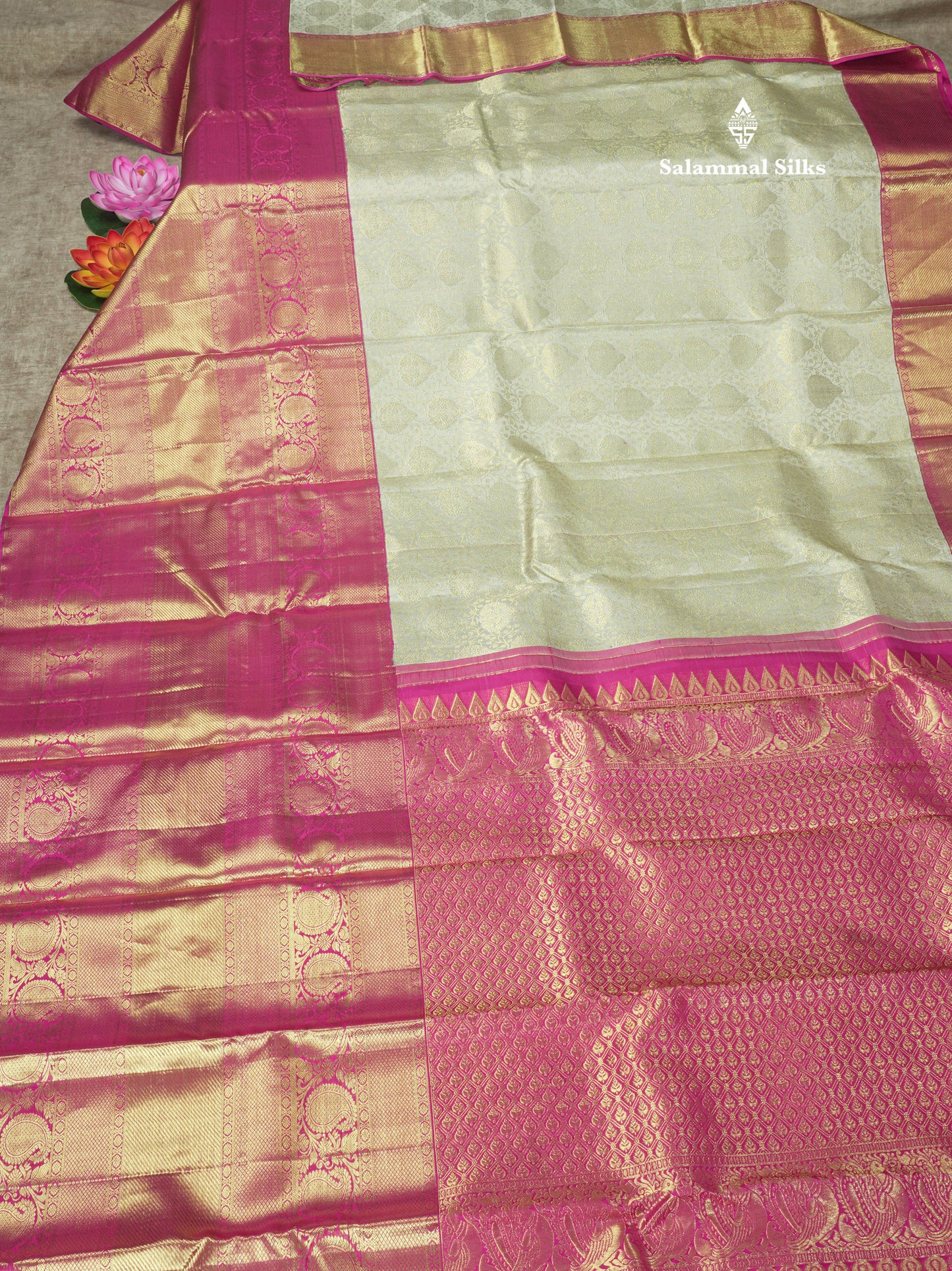 Beautiful Half White Pure Kanjivaram Silk Saree With Contrast Long Magenta Border