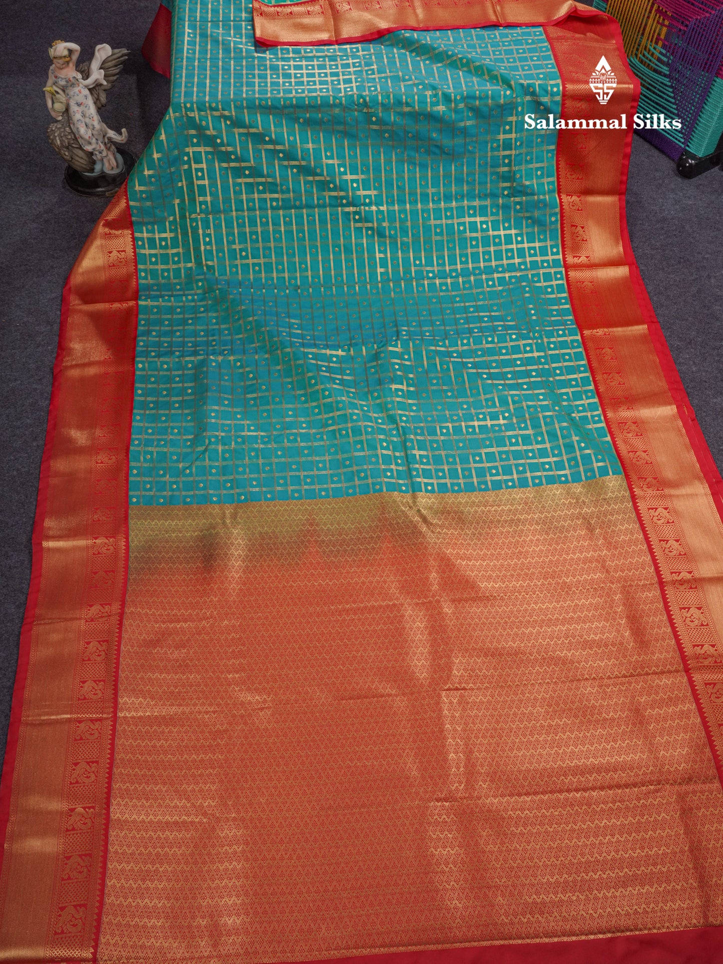 Bottle Green 1000 Buttas And Zari Checks Semi Silk Saree With Contrast Red Traditional Border