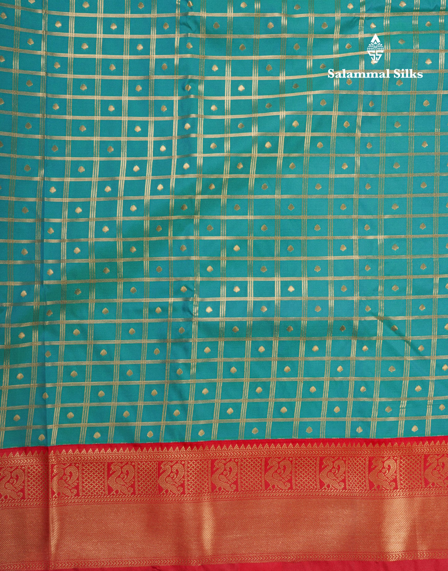 Bottle Green 1000 Buttas And Zari Checks Semi Silk Saree With Contrast Red Traditional Border