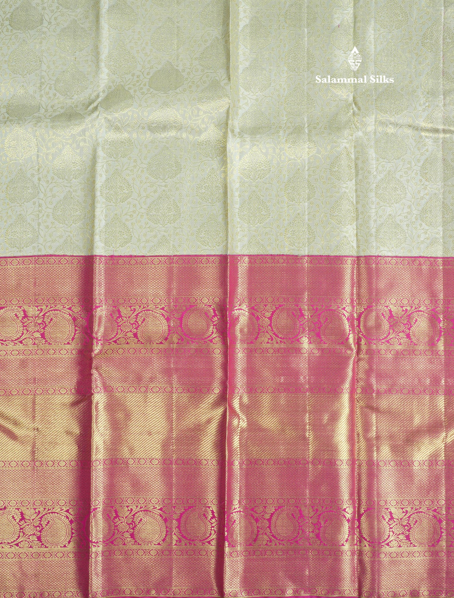 Beautiful Half White Pure Kanjivaram Silk Saree With Contrast Long Magenta Border