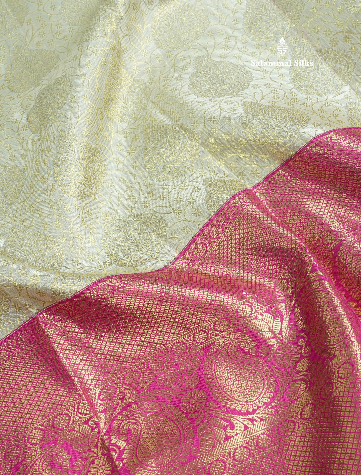 Beautiful Half White Pure Kanjivaram Silk Saree With Contrast Long Magenta Border
