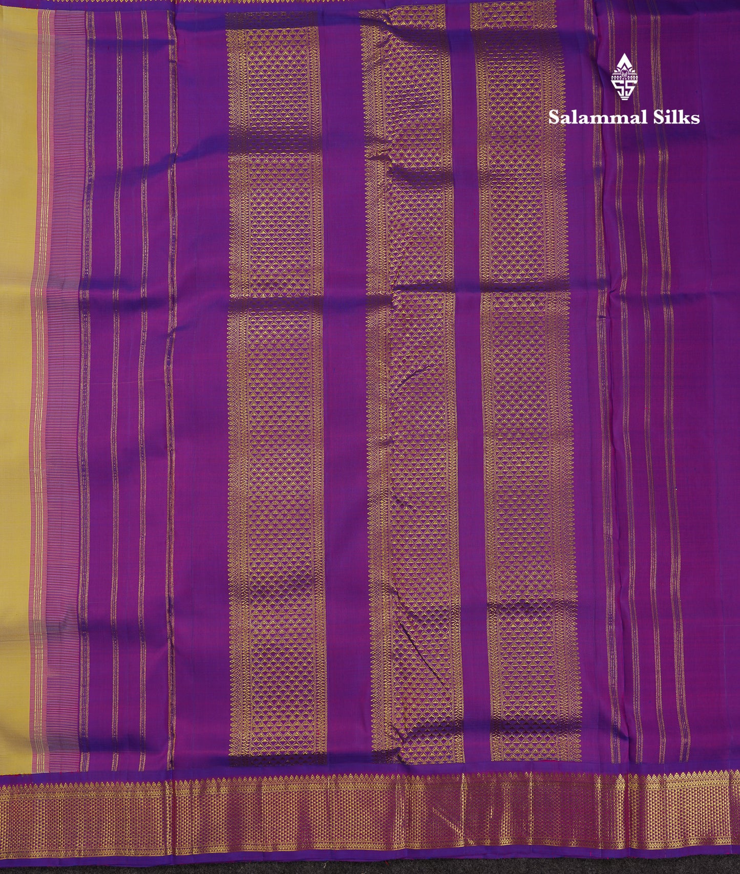 Korvai Beautiful Light Yellow 10 Yards Pure Silk Saree With (4.4 inch) Contrast Violet Traditional Border