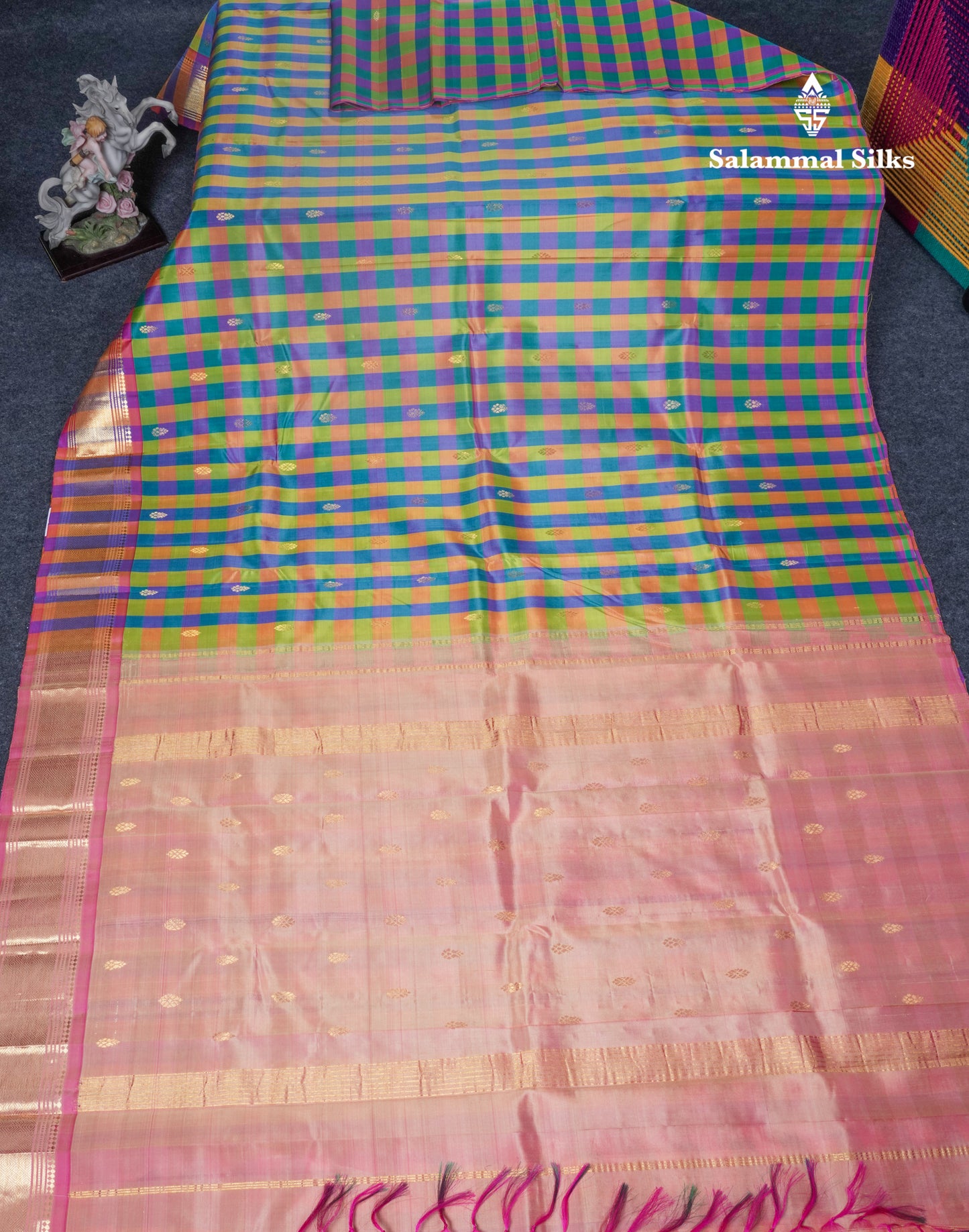 Multicolour Pure Kanjivaram Silk Saree With Contrast Pink One Side Border