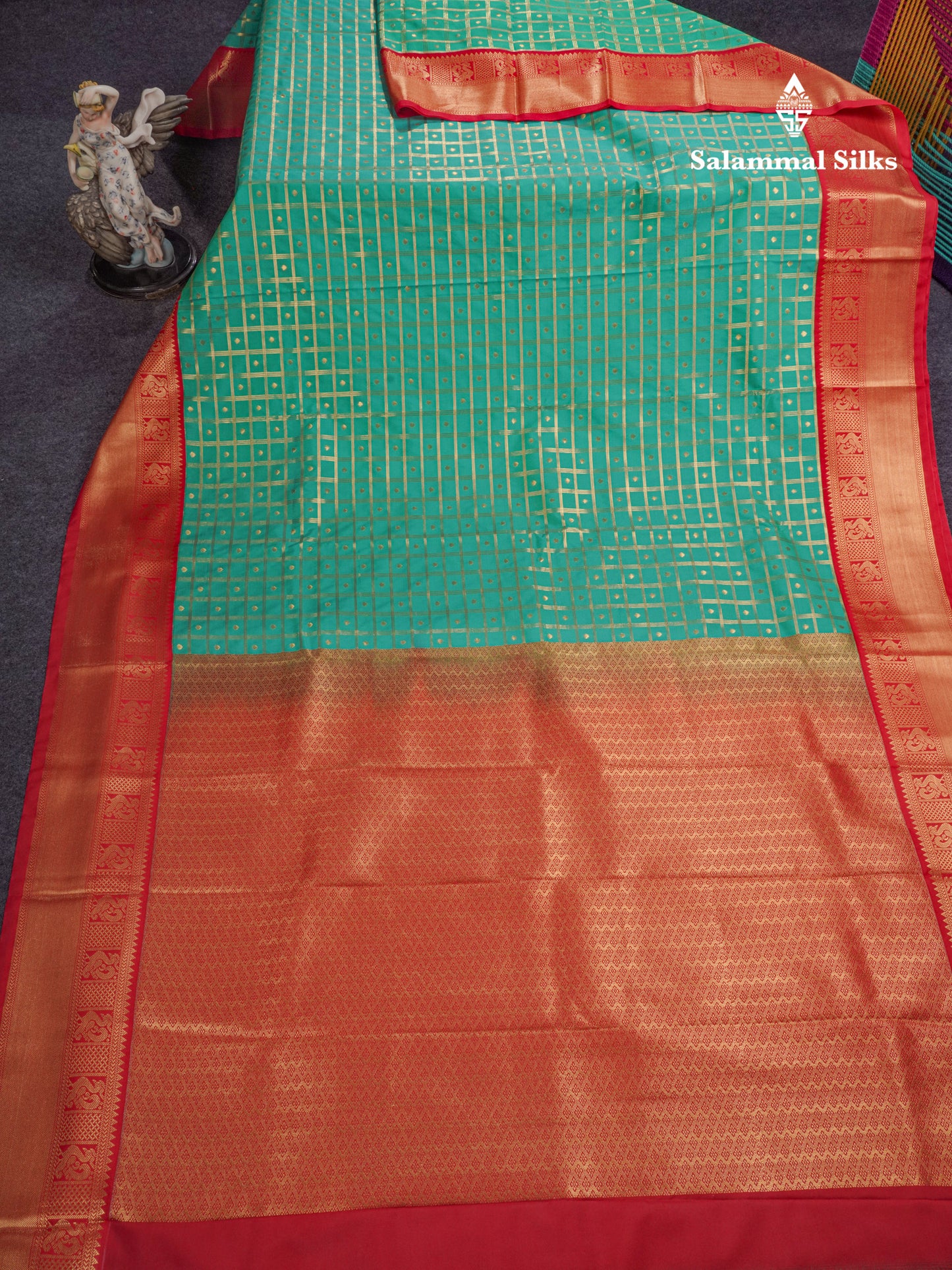 Bottle Green 1000 Buttas And Zari Checks Semi Silk Saree With Contrast Red Traditional Border
