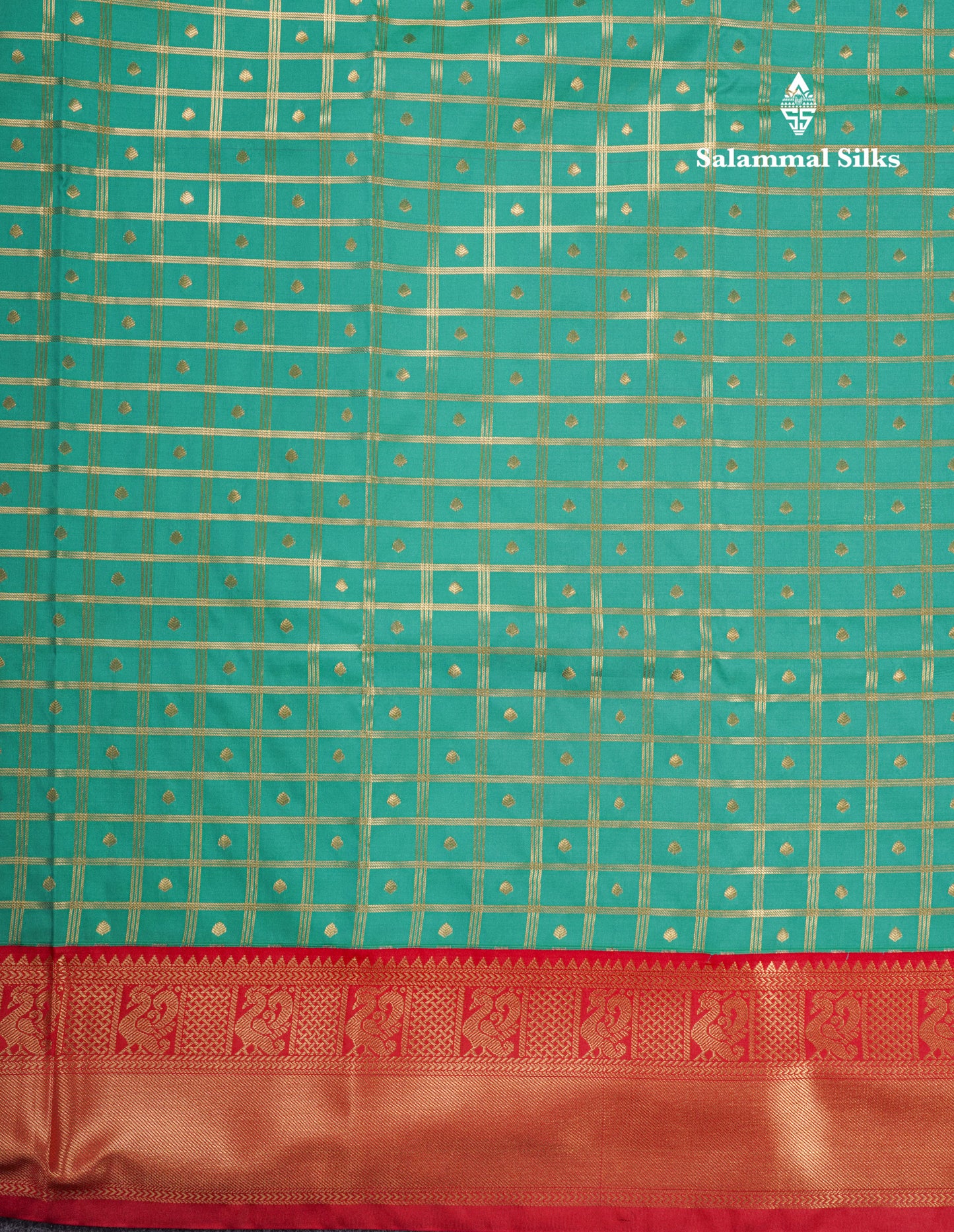 Bottle Green 1000 Buttas And Zari Checks Semi Silk Saree With Contrast Red Traditional Border
