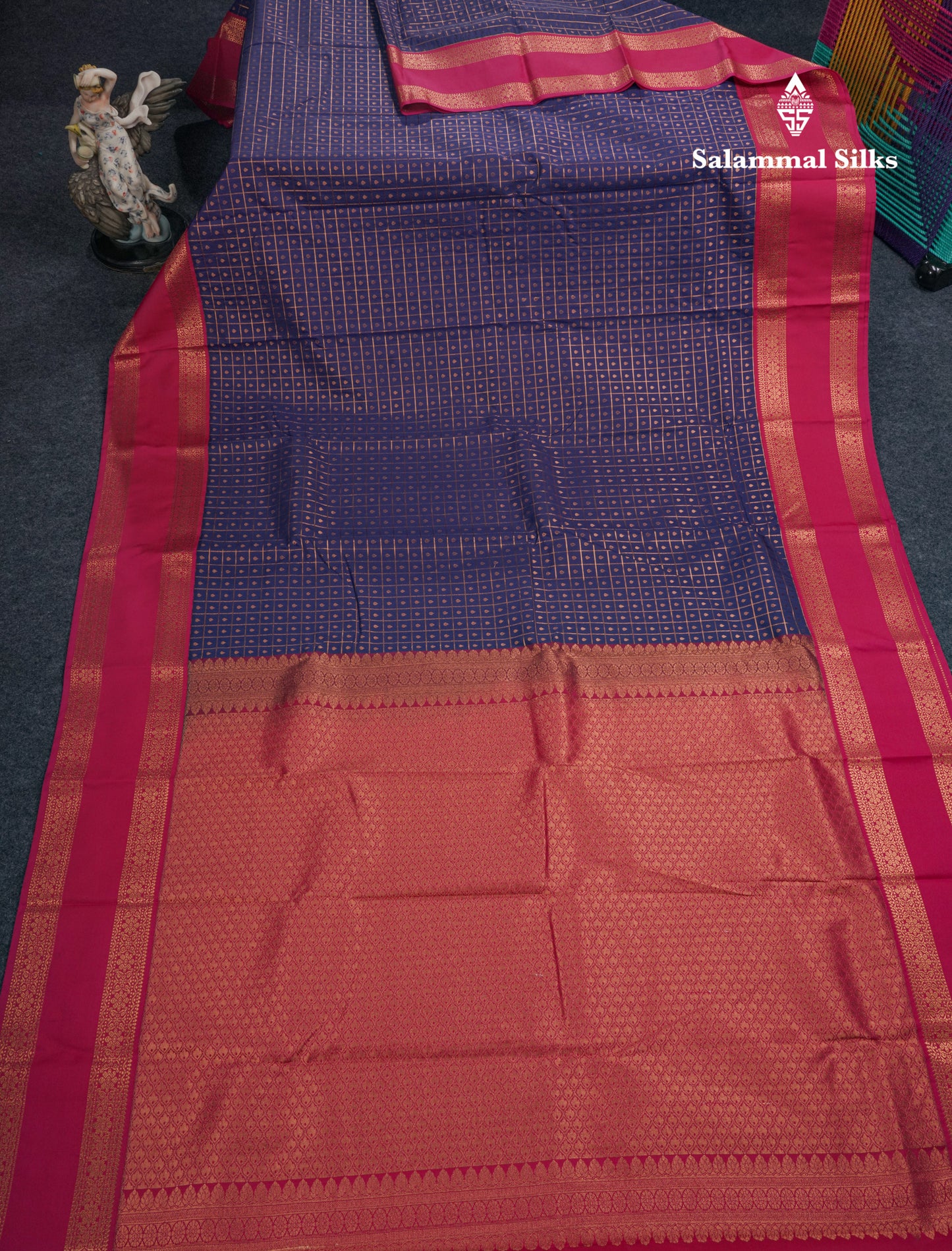 Bottle Green 1000 Buttas And Zari Checks Semi Silk Saree With Contrast Red Traditional Border