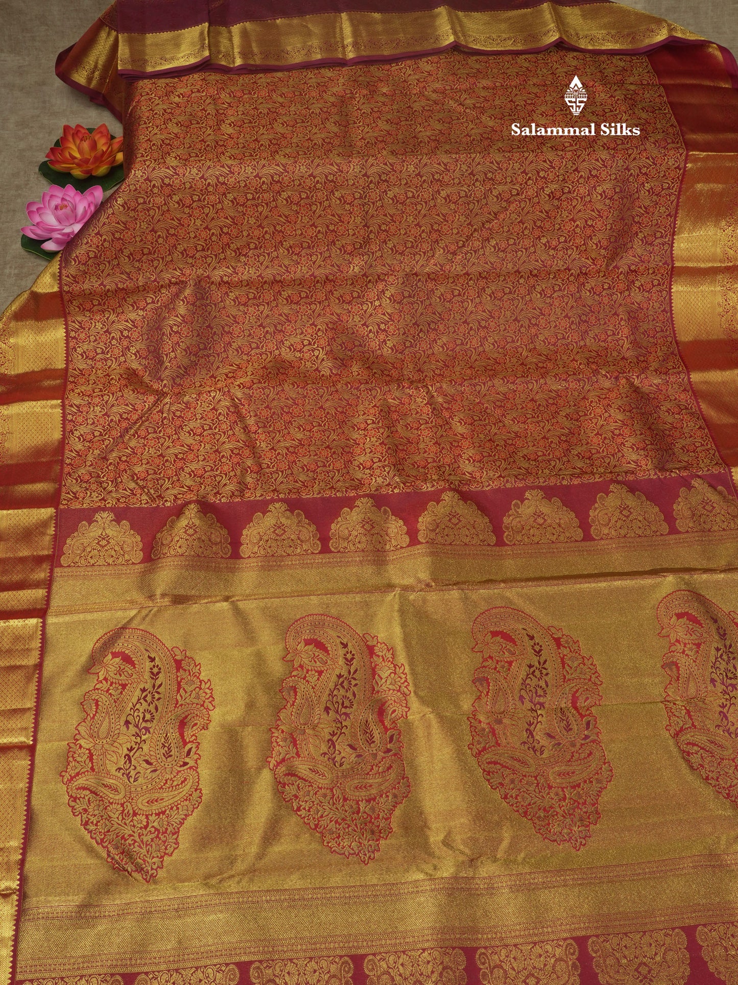 Brownish Maroon Beautiful Grand Bridal Pure Kanjivaram Silk Saree With Gold Zari Border