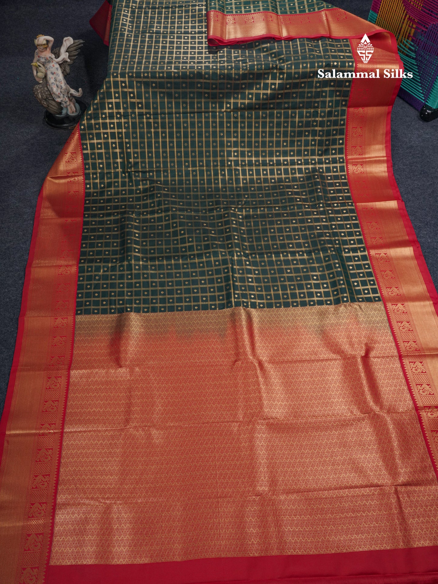 Bottle Green 1000 Buttas And Zari Checks Semi Silk Saree With Contrast Red Traditional Border
