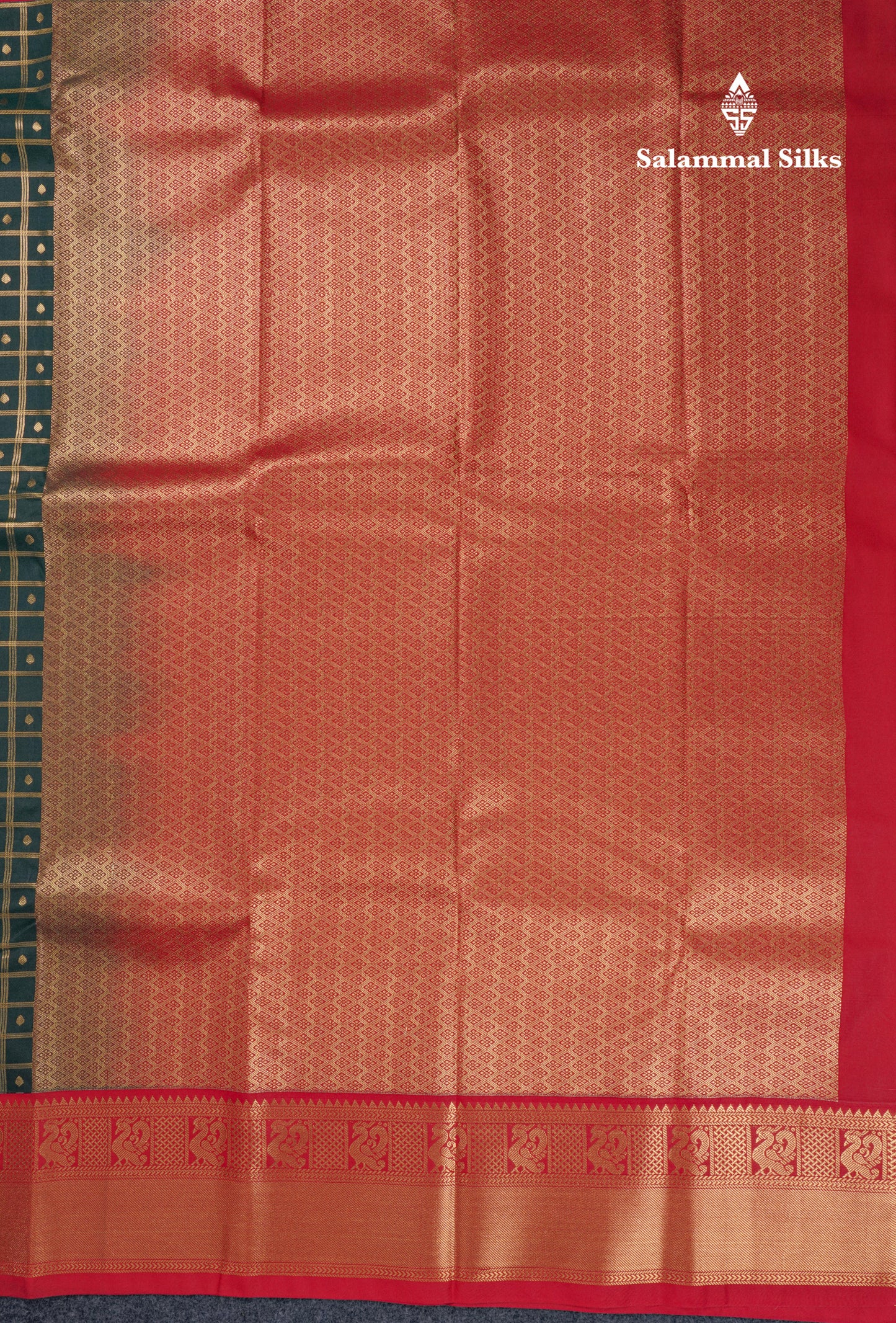 Bottle Green 1000 Buttas And Zari Checks Semi Silk Saree With Contrast Red Traditional Border