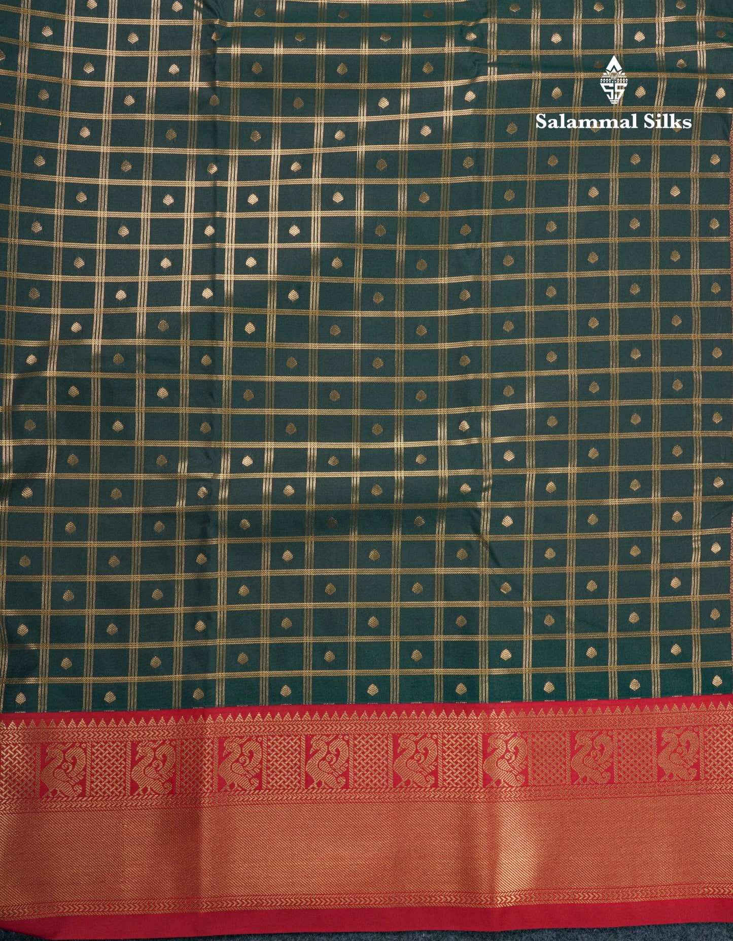 Bottle Green 1000 Buttas And Zari Checks Semi Silk Saree With Contrast Red Traditional Border