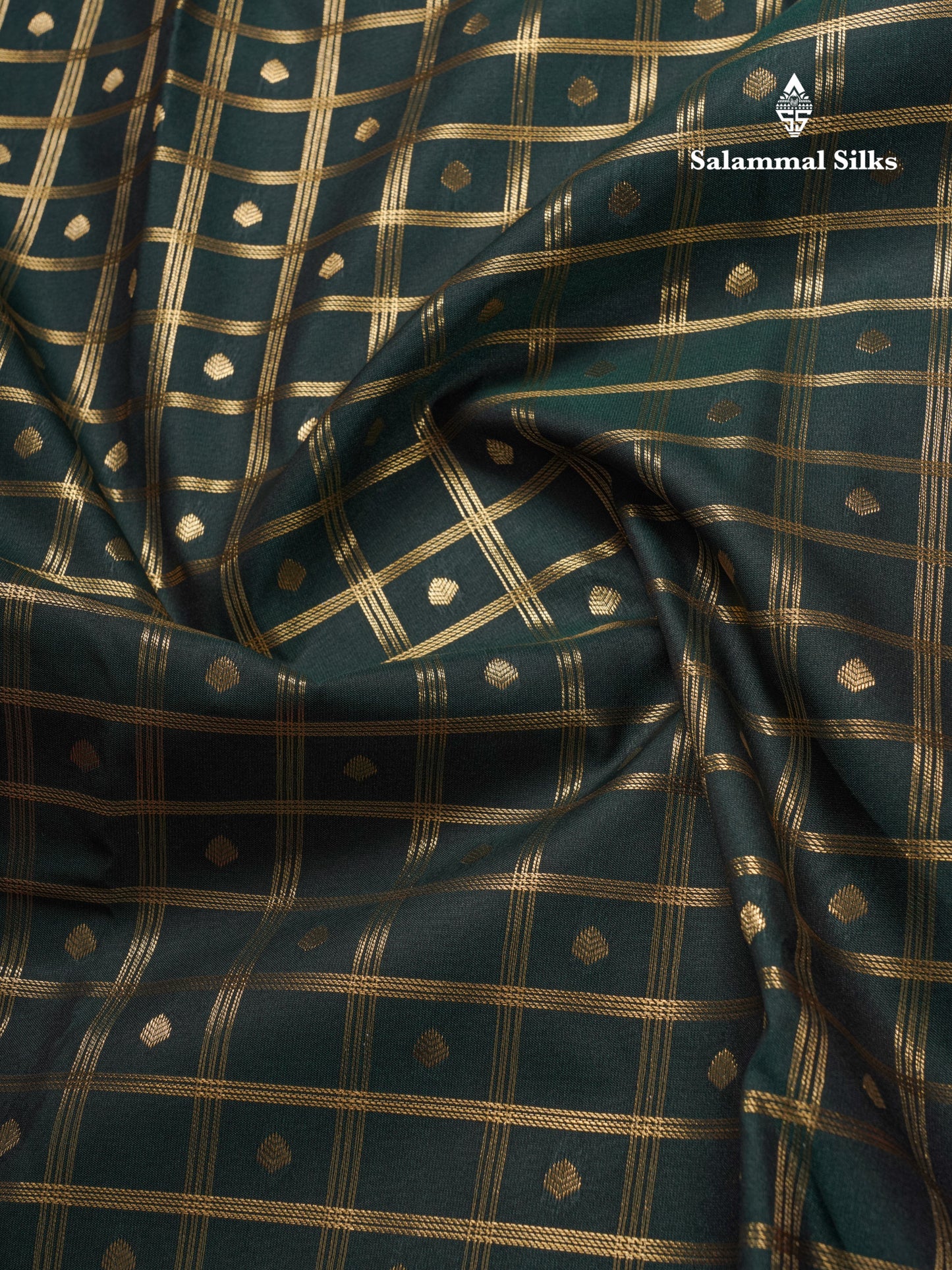 Bottle Green 1000 Buttas And Zari Checks Semi Silk Saree With Contrast Red Traditional Border