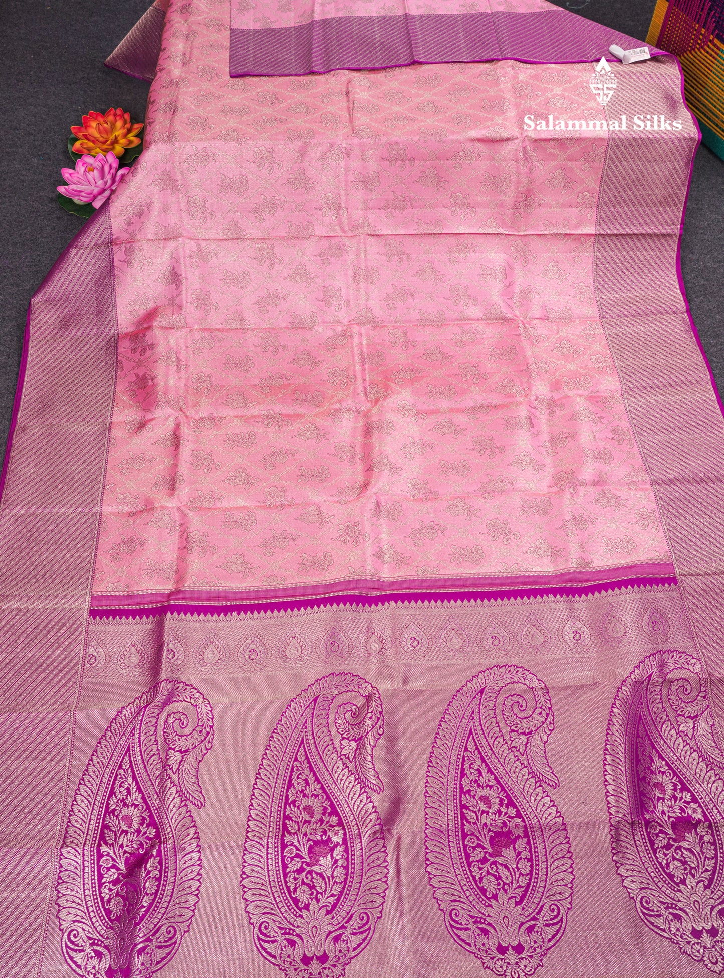 Baby Pink Bridal Pure Kanjivaram Silk Saree With Contrast Purple Border