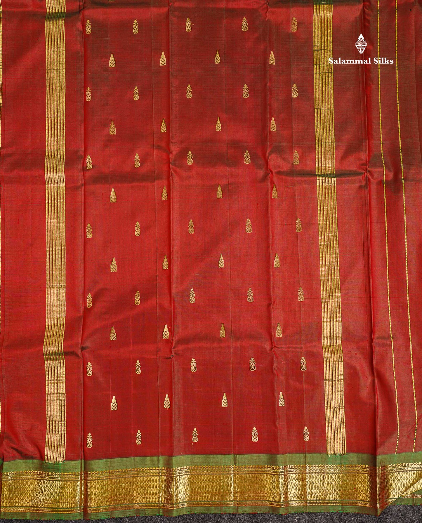 One Side Border Pure Silk Saree - Chilly Red Zari Butta With Contrast Dual Tone Green Traditional Border