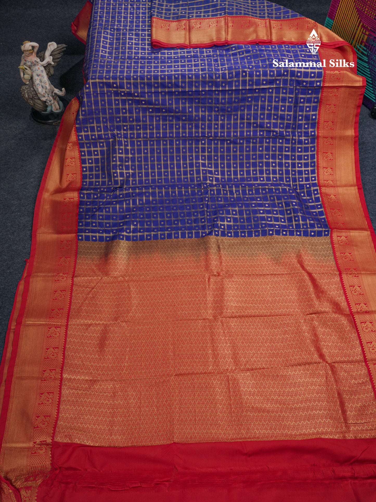 Bottle Green 1000 Buttas And Zari Checks Semi Silk Saree With Contrast Red Traditional Border