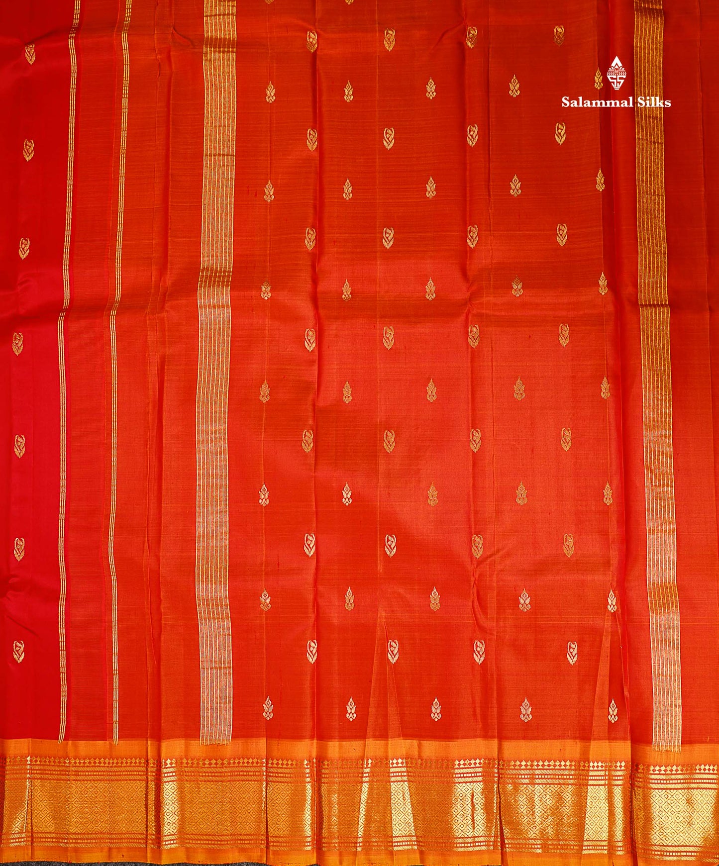One Side Border Pure Silk Saree - Chilly Red Zari Butta With Contrast Mustard Yellow Traditional Border