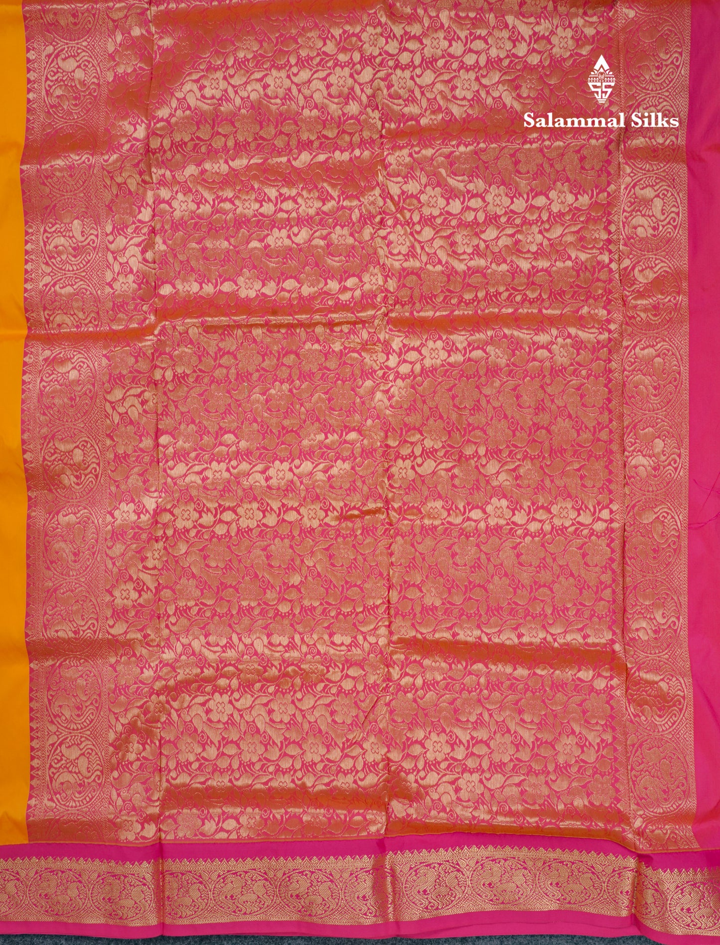 9 Yards Semi Silk Saree Mango Yellow With Contrast Pink Border