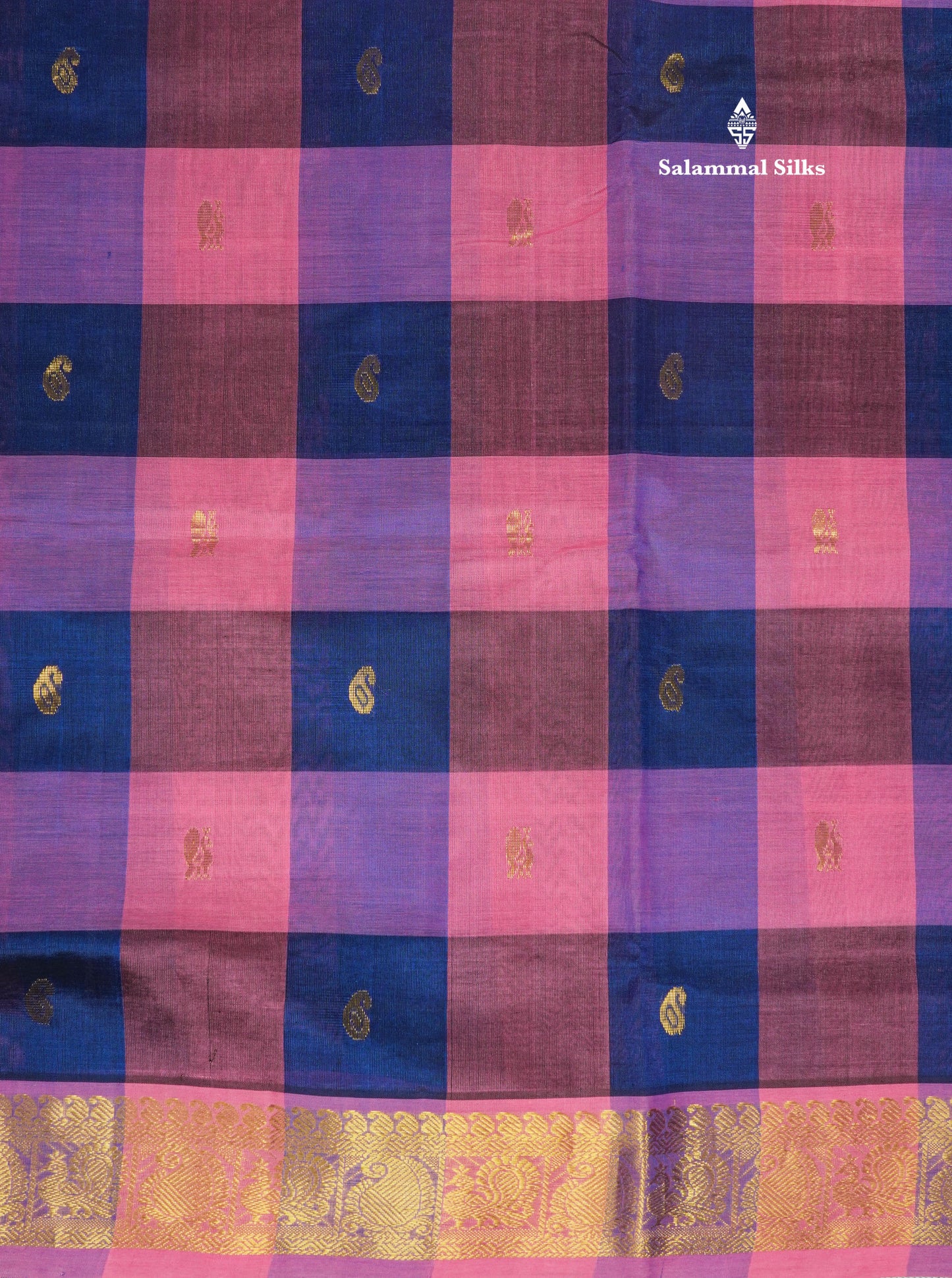 Paalum Pazham Checks Pure Silk Cotton Saree With Contrast Pink Traditional Border