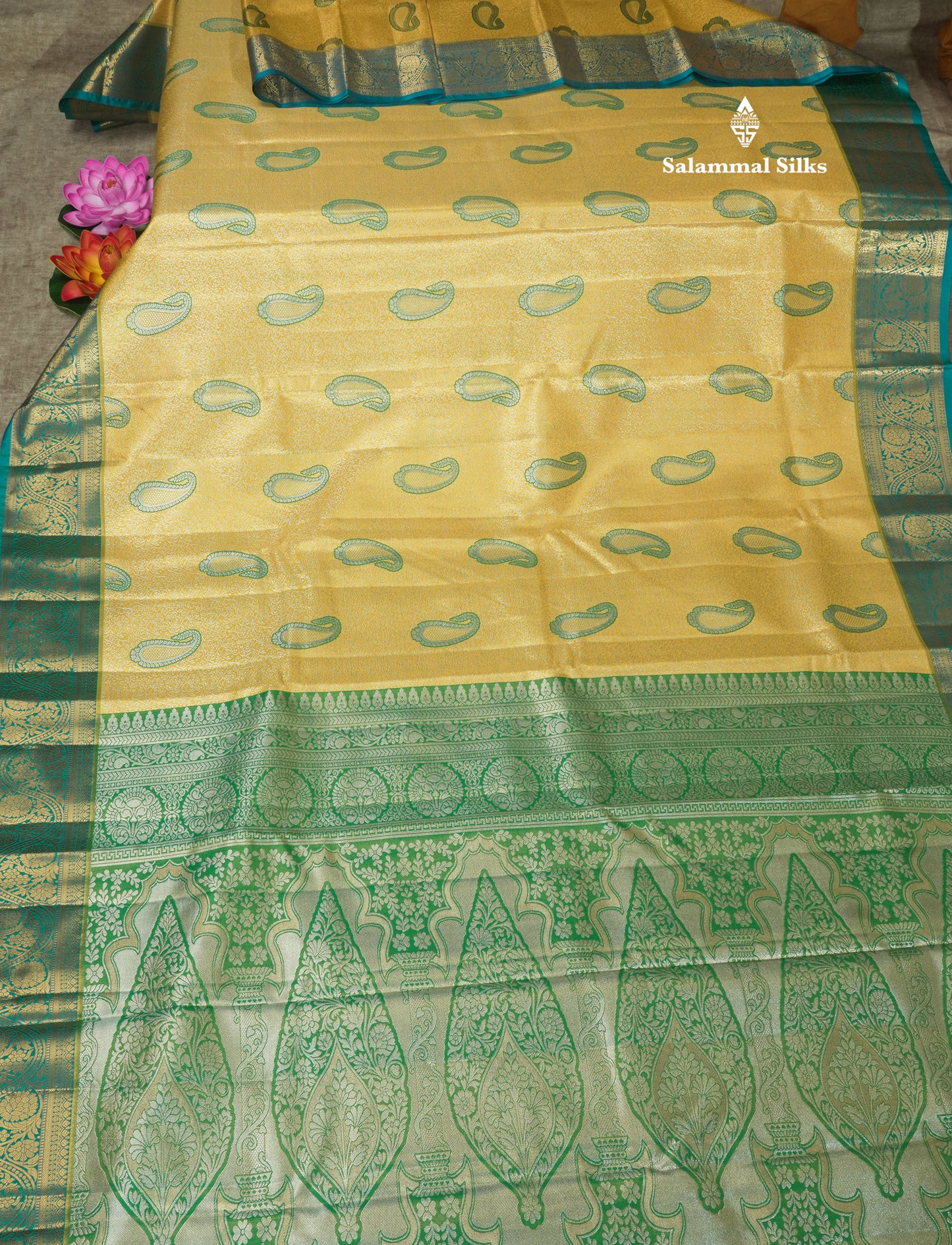 Light Green Tissue Bridal Semi Silk Saree With Contrast Magenta Border