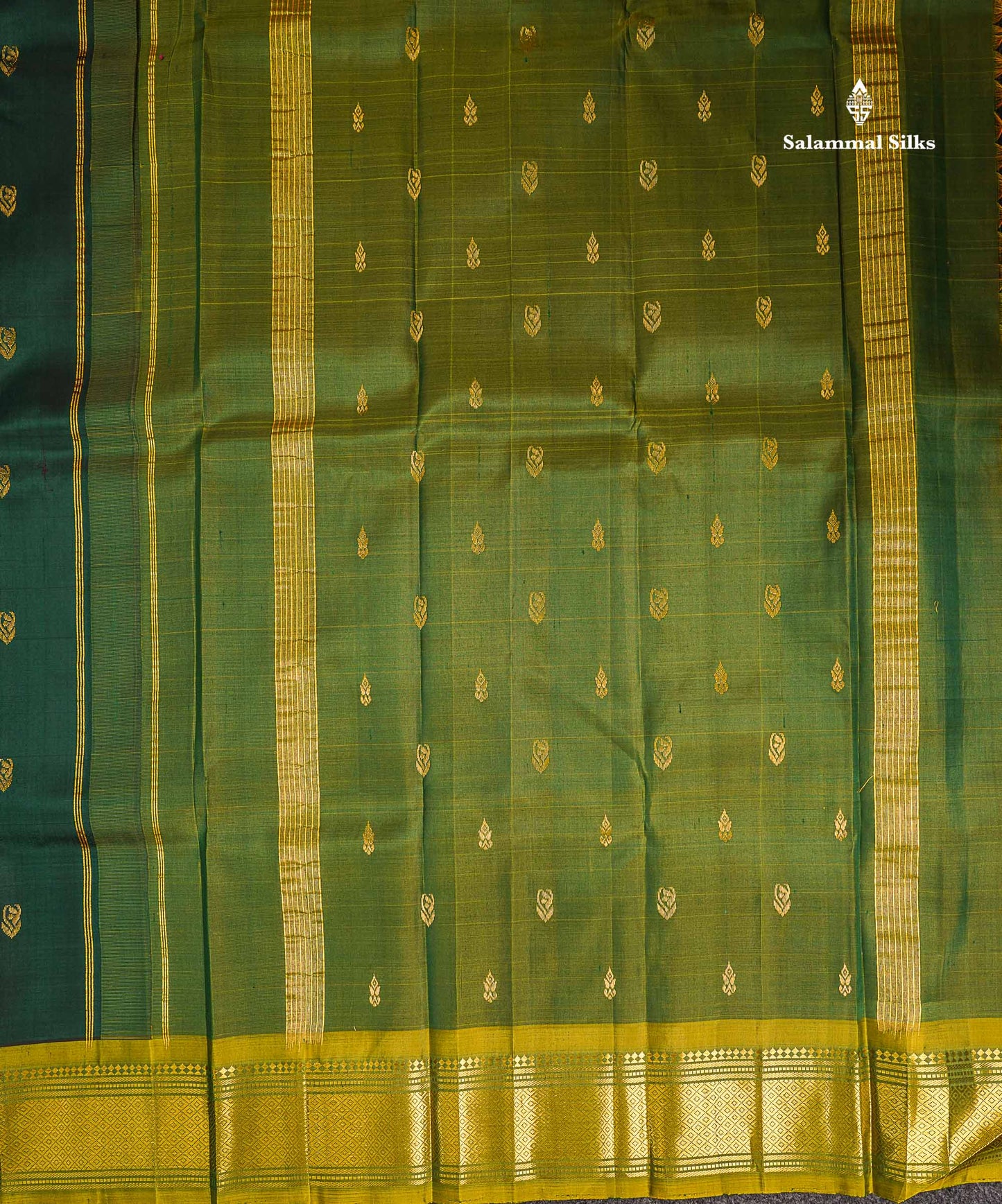 One Side Border Pure Silk Saree - Dual Tone Bottle Green Zari Butta With Contrast Manthulir Yellow Traditional Border