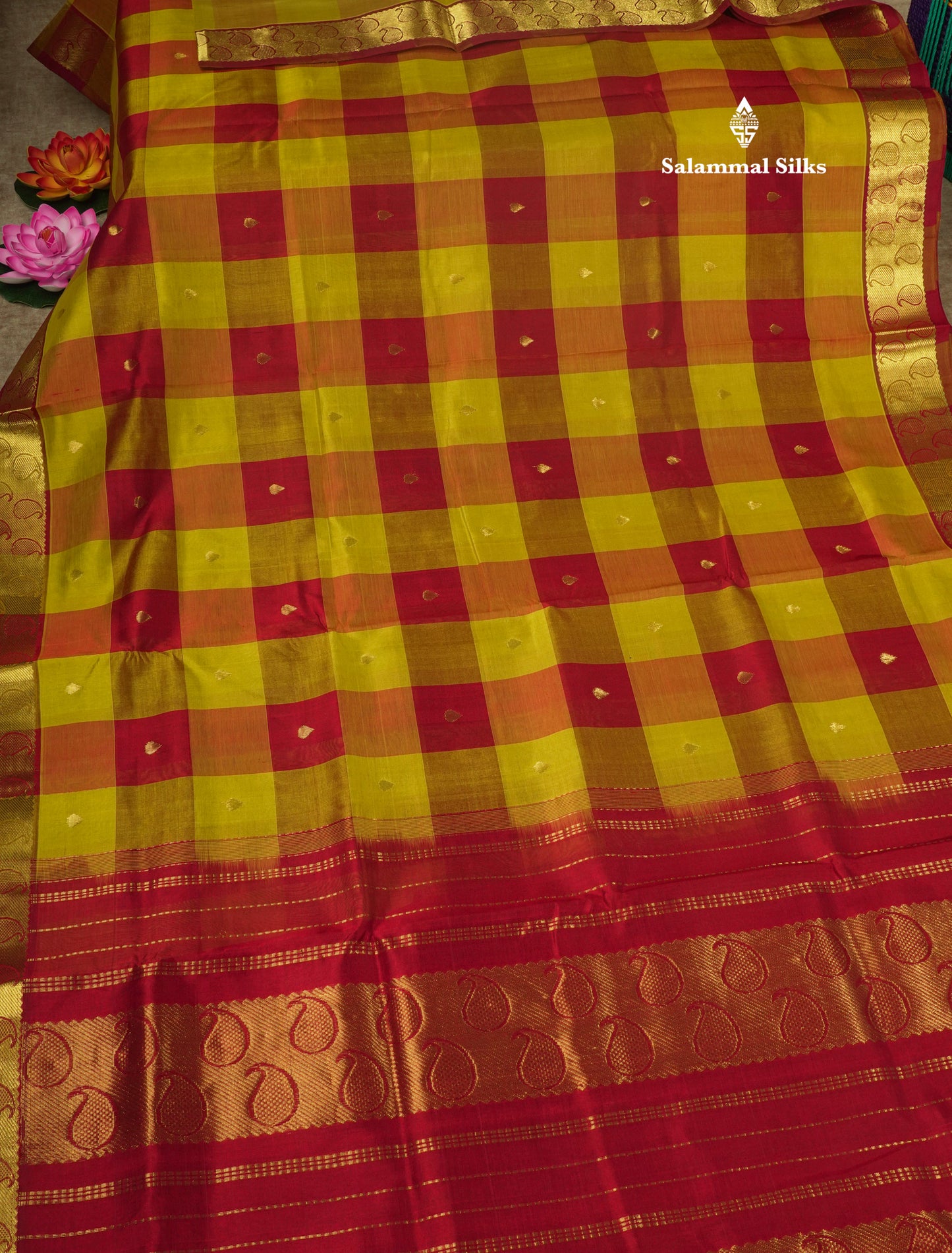 Multicolour Paalum Pazham Checks Pure Silk Cotton Saree With Traditional Gold Zari Border