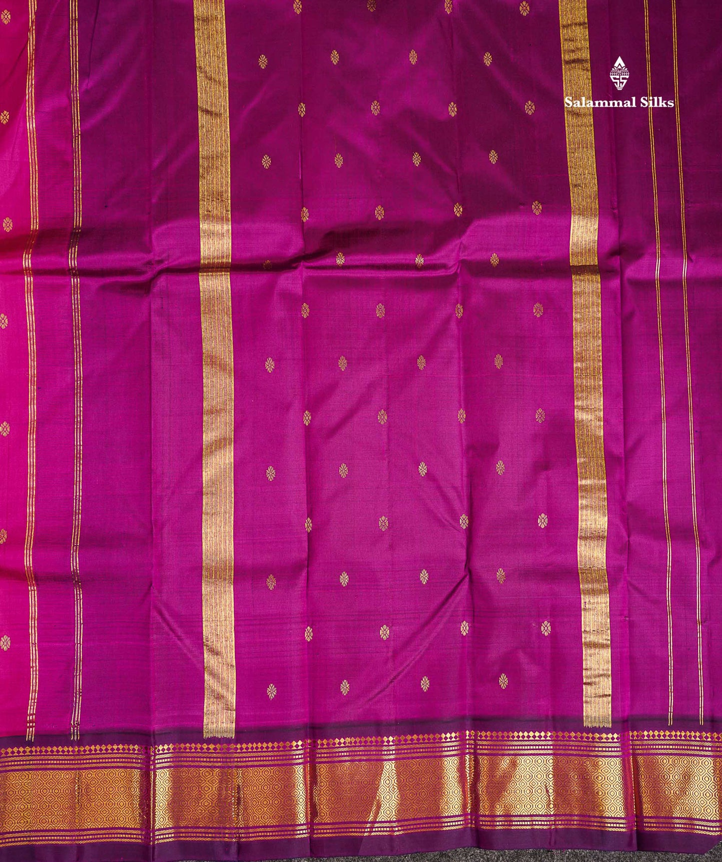 One Side Border Pure Silk Saree - Magenta Pink Zari Butta With Contrast Dark Purple Traditional Border