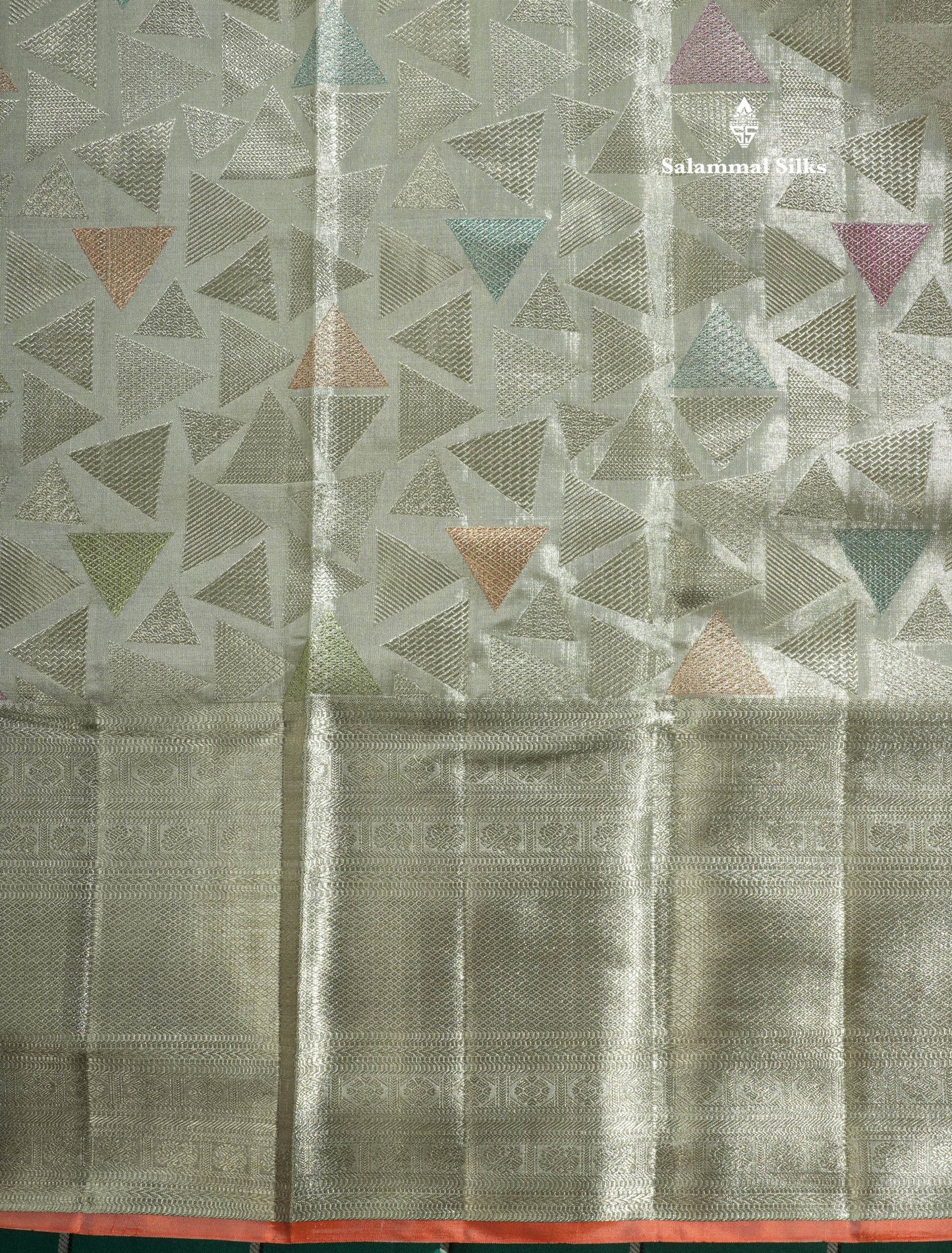 Geometric patter Silver Tissue Pure Kanjivaram Silk Saree (2G) Zari With Silver Zari Border