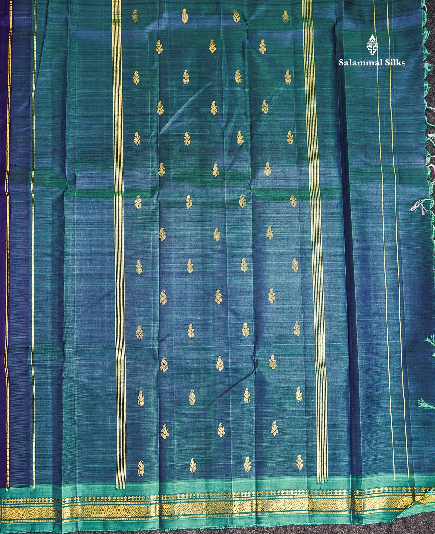 One Side Border Pure Silk Saree - Dark Navy Blue Zari Butta With Contrast Sapphire Green Traditional Small Border