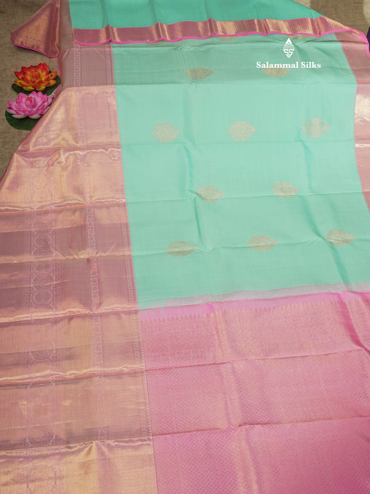 Pastel Blue Pure Kanjivaram Silk Saree with Contrast Baby Pink Long Border
