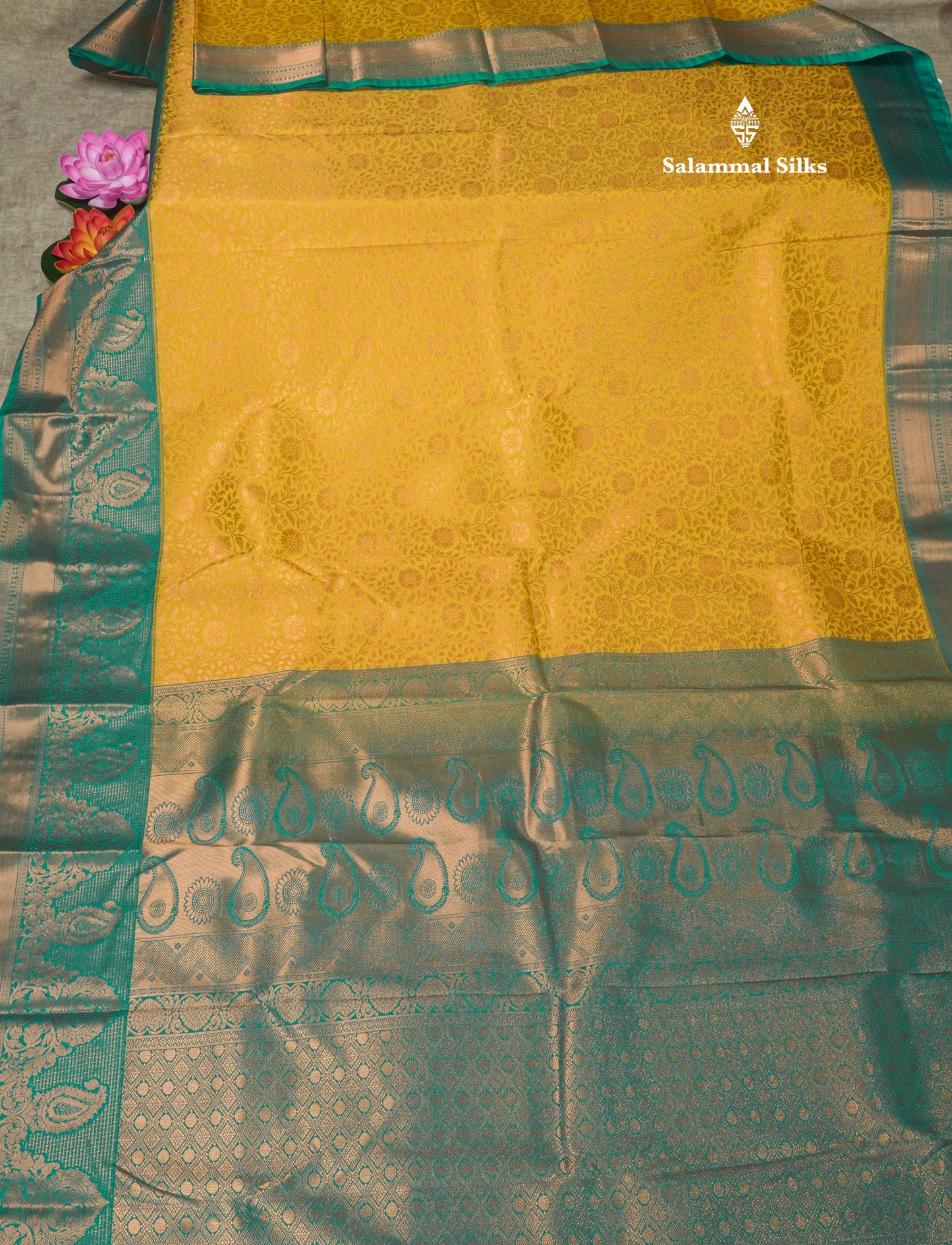 Mustard Yellow Bridal Semi Silk Saree With Contrast Peacock Green Border