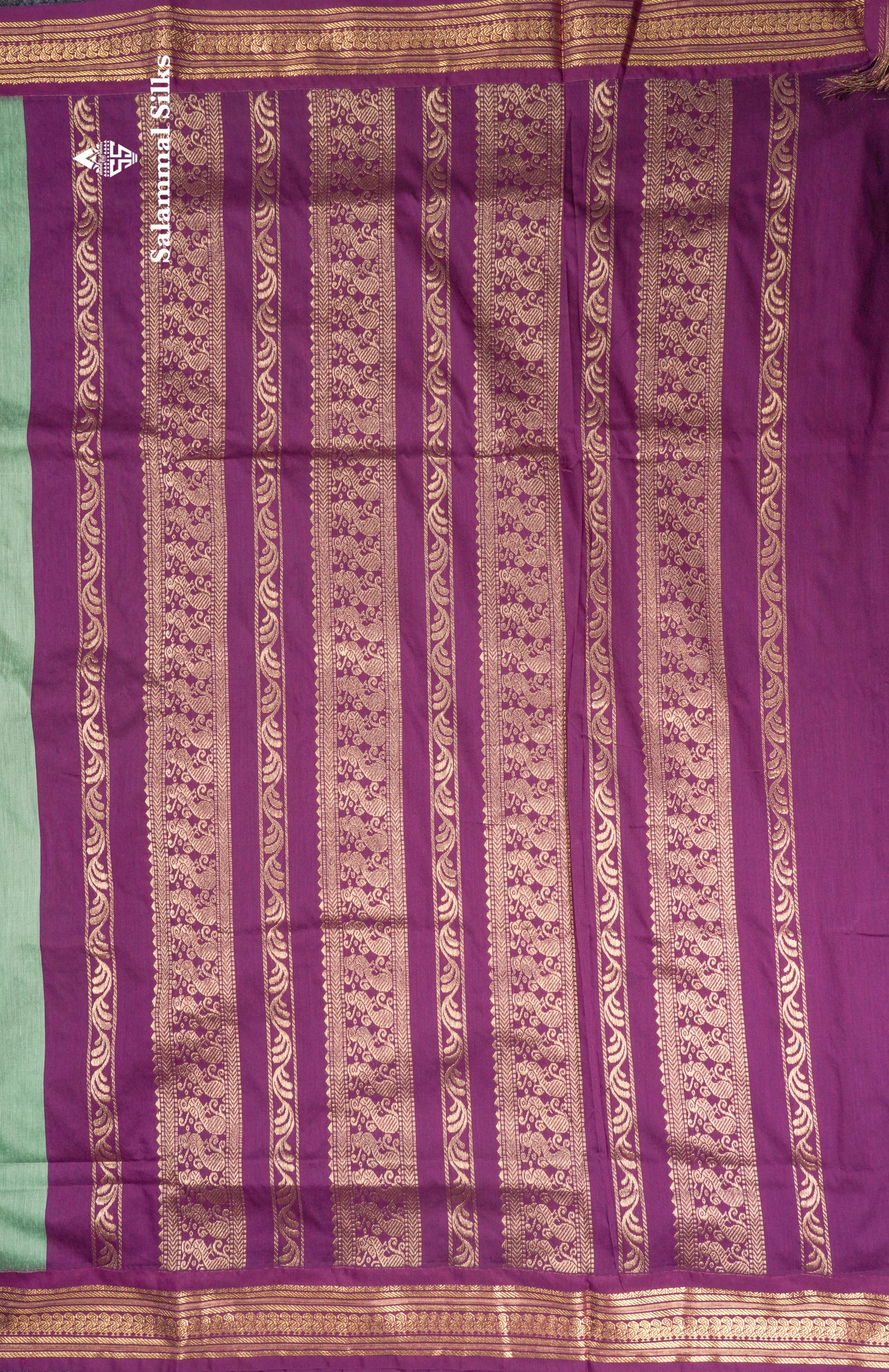 Green Kalyani Cotton Saree With Contrast Purple Border