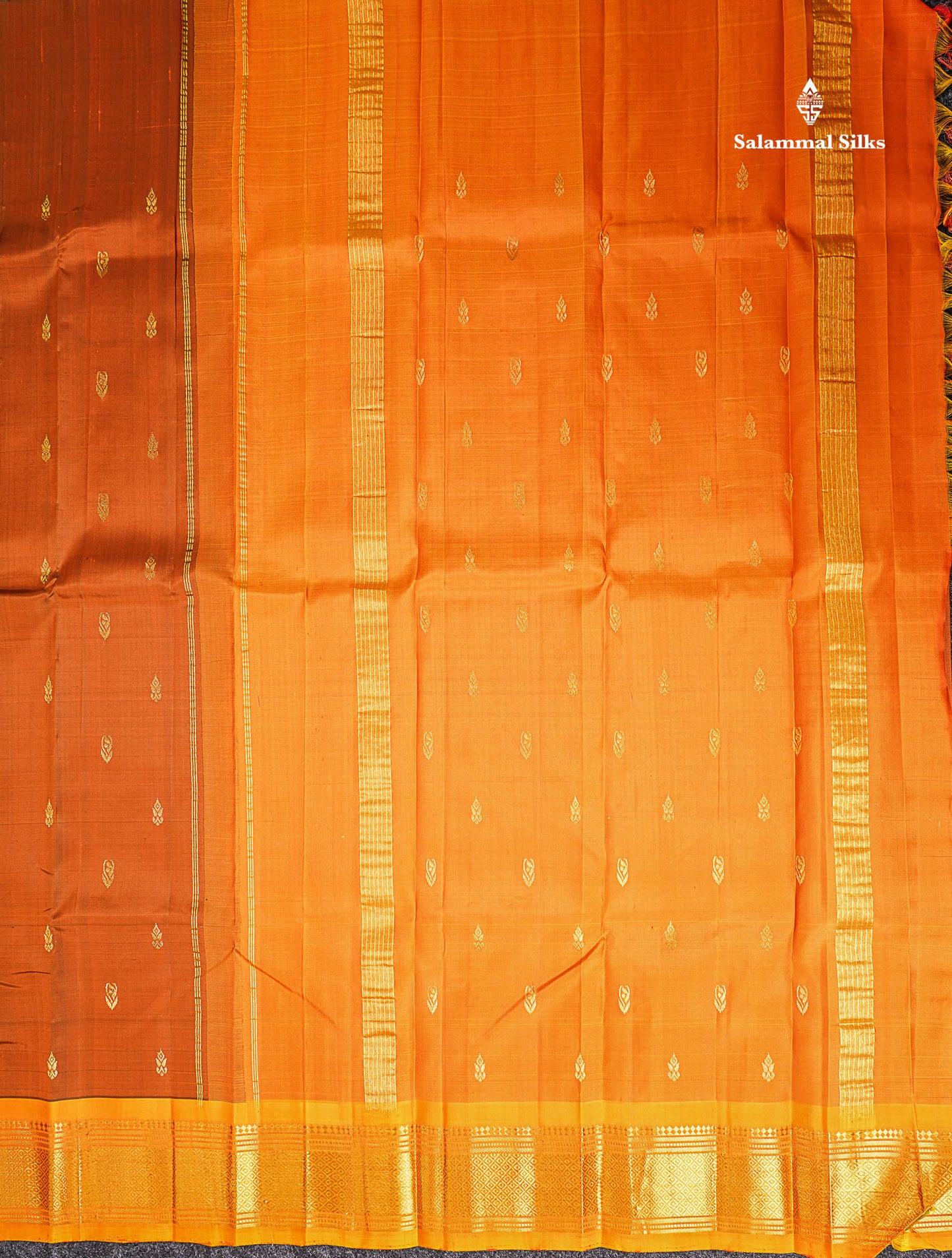 One Side Border Pure Silk Saree - Brown Zari Butta With Contrast Yellow Traditional Border